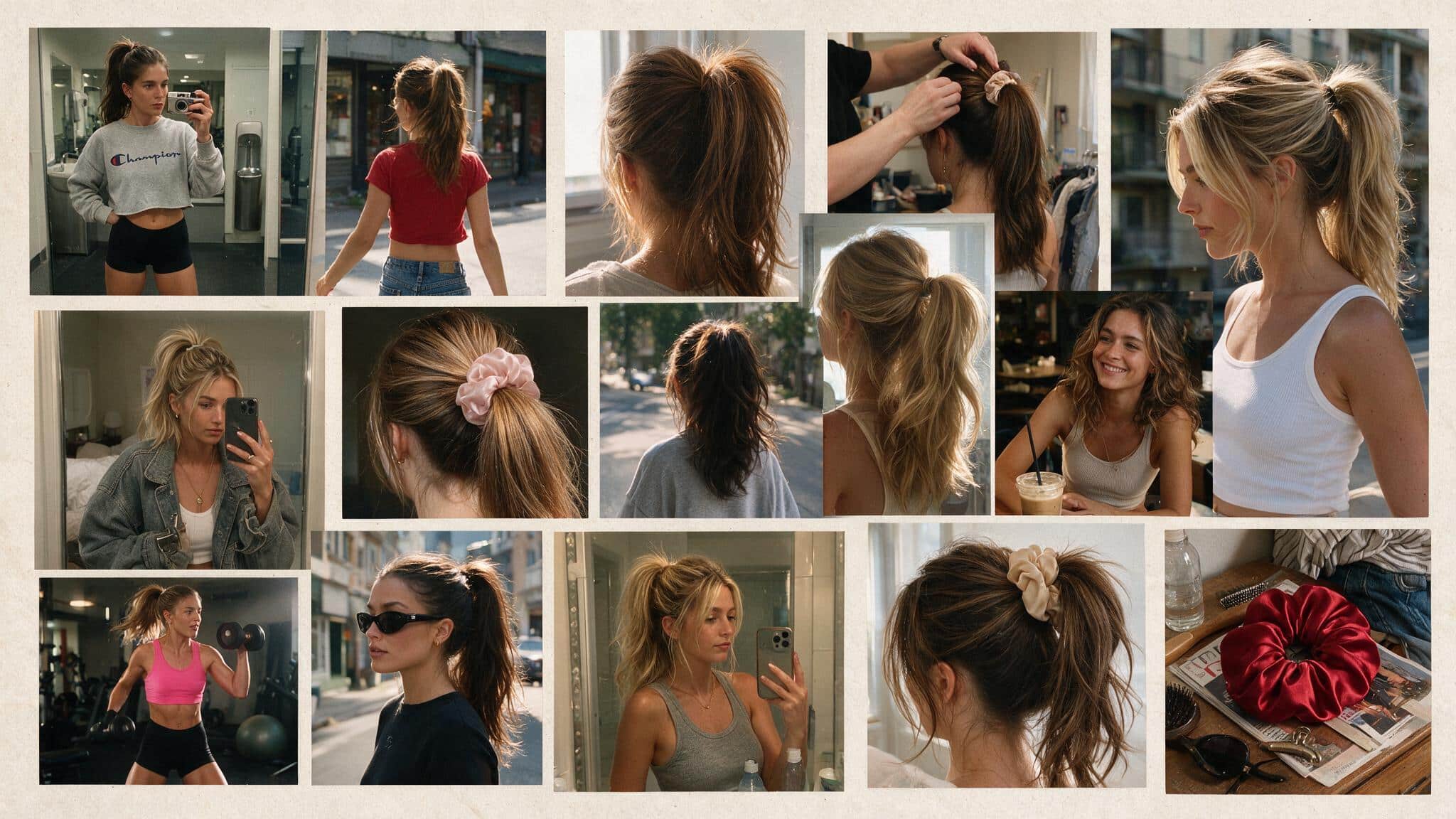 a realistic 90s hairstyle moodboard featuring a high ponytail with lifted roots sleek styling and long swinging lengths multiple candid photos show sporty ponytails oversized scrunchies smooth finishes and casual nostalgic styling the images include bathroom mirror selfies outdoor movement shots gym inspired looks and everyday street photos the hair appears naturally imperfect with loose strands flyaways softened volume uneven texture and realistic movement instead of a perfectly fixed style a flat lay shows a satin scrunchie hairbrush claw clip and 90s hair accessories placed on a slightly messy dresser with everyday items nearby