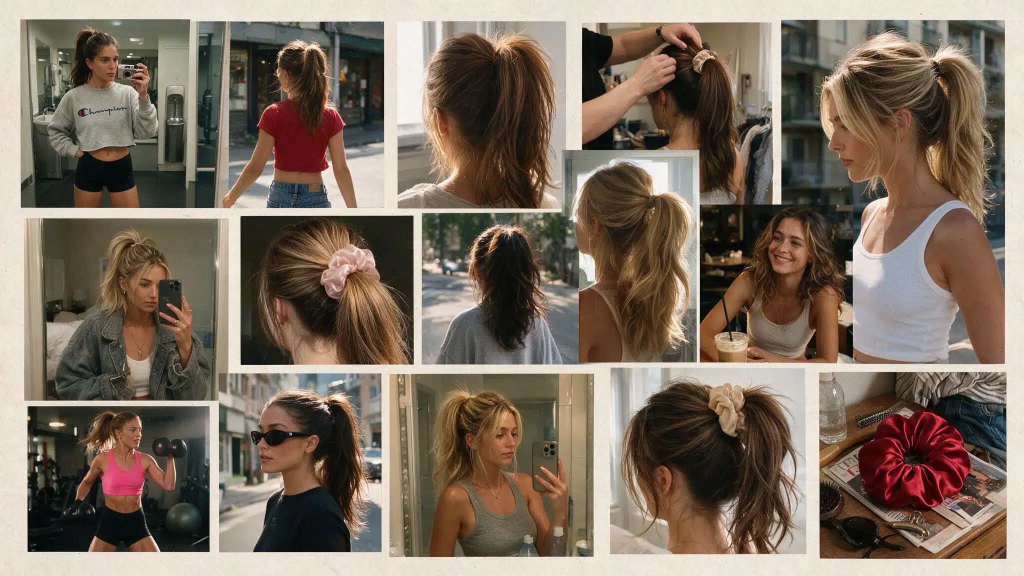 a realistic 90s hairstyle moodboard featuring a high ponytail with lifted roots sleek styling and long swinging lengths multiple candid photos show sporty ponytails oversized scrunchies smooth finishes and casual nostalgic styling the images include bathroom mirror selfies outdoor movement shots gym inspired looks and everyday street photos the hair appears naturally imperfect with loose strands flyaways softened volume uneven texture and realistic movement instead of a perfectly fixed style a flat lay shows a satin scrunchie hairbrush claw clip and 90s hair accessories placed on a slightly messy dresser with everyday items nearby