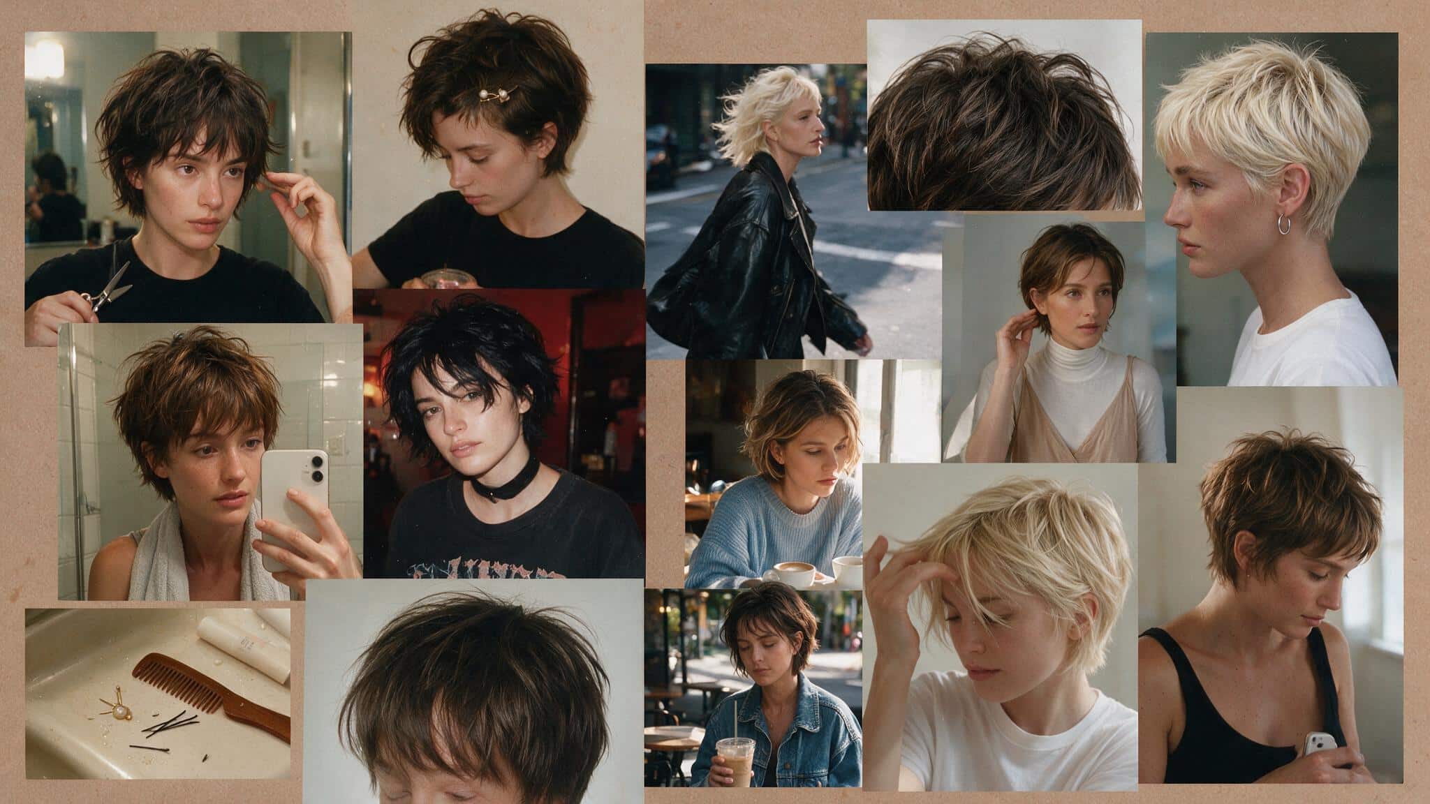a realistic 90s hairstyle moodboard featuring a short pixie haircut with cropped layers textured edges and effortless edgy styling multiple candid photos show sleek pixie cuts messy textured versions and slightly longer front pieces styled with natural movement the images include hairstylist haircut references bathroom mirror selfies street style photos and casual everyday looks the hair appears naturally imperfect with soft flyaways uneven texture grown out edges and realistic styling a small decorative hair pin styling wax comb and vintage hair accessories appear in a messy bathroom flat lay with everyday items nearby