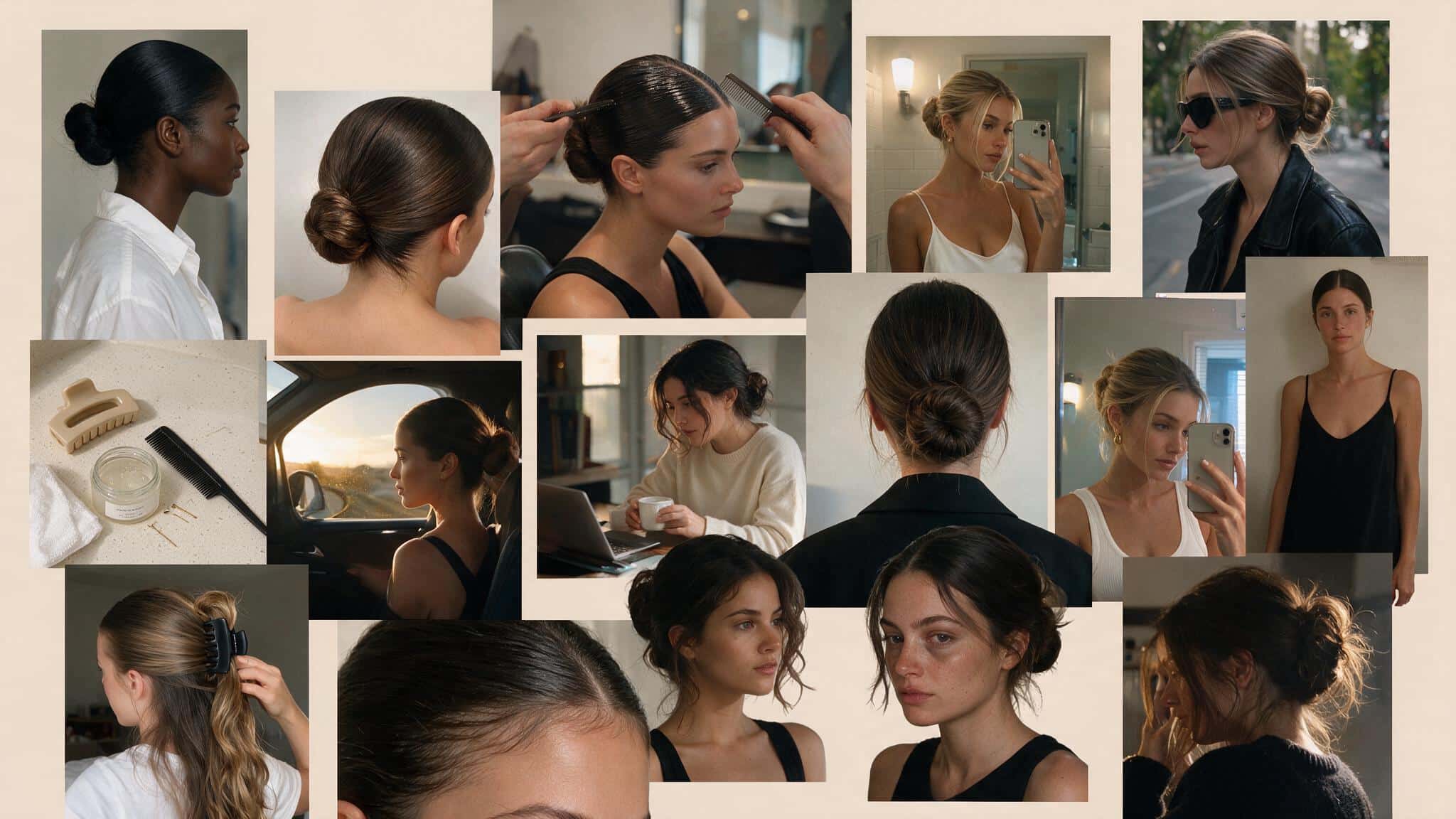a realistic 90s hairstyle moodboard featuring a slicked back bun with smooth hair pulled away from the face into a low or mid bun multiple candid photos show clean center parts glossy texture minimalist styling and soft loose pieces around the face the images include bathroom mirror selfies hairstylist references casual elegant outfits and everyday looks the hair appears naturally imperfect with baby hairs flyaways uneven slickness and softened texture after wear a flat lay shows a claw clip fine tooth comb hair gel satin scrunchie and styling products placed on a simple vanity with everyday clutter nearby