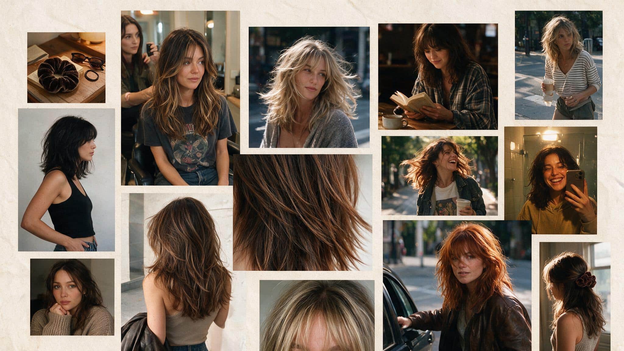 a realistic 90s hairstyle moodboard featuring a textured shag haircut with choppy layers messy movement and effortless volume multiple candid photos show medium length shag cuts with curtain bangs razor cut layers natural waves and undone texture the images include hairstylist haircut references bedroom mirror selfies outdoor street photos and casual everyday looks the hair appears naturally imperfect with soft frizz loose strands uneven layers and lived in movement a scrunchie hair clips and styling products appear in a messy vanity flat lay with vintage accessories nearby