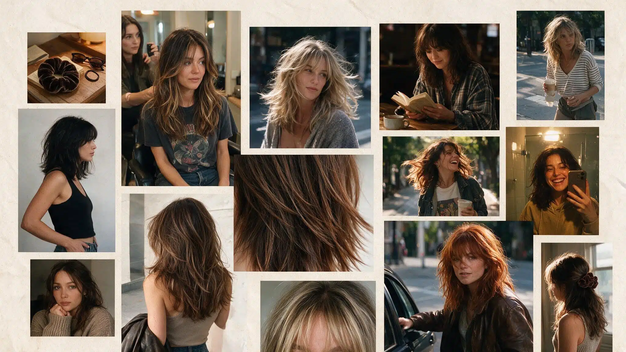 a realistic 90s hairstyle moodboard featuring a textured shag haircut with choppy layers messy movement and effortless volume multiple candid photos show medium length shag cuts with curtain bangs razor cut layers natural waves and undone texture the images include hairstylist haircut references bedroom mirror selfies outdoor street photos and casual everyday looks the hair appears naturally imperfect with soft frizz loose strands uneven layers and lived in movement a scrunchie hair clips and styling products appear in a messy vanity flat lay with vintage accessories nearby