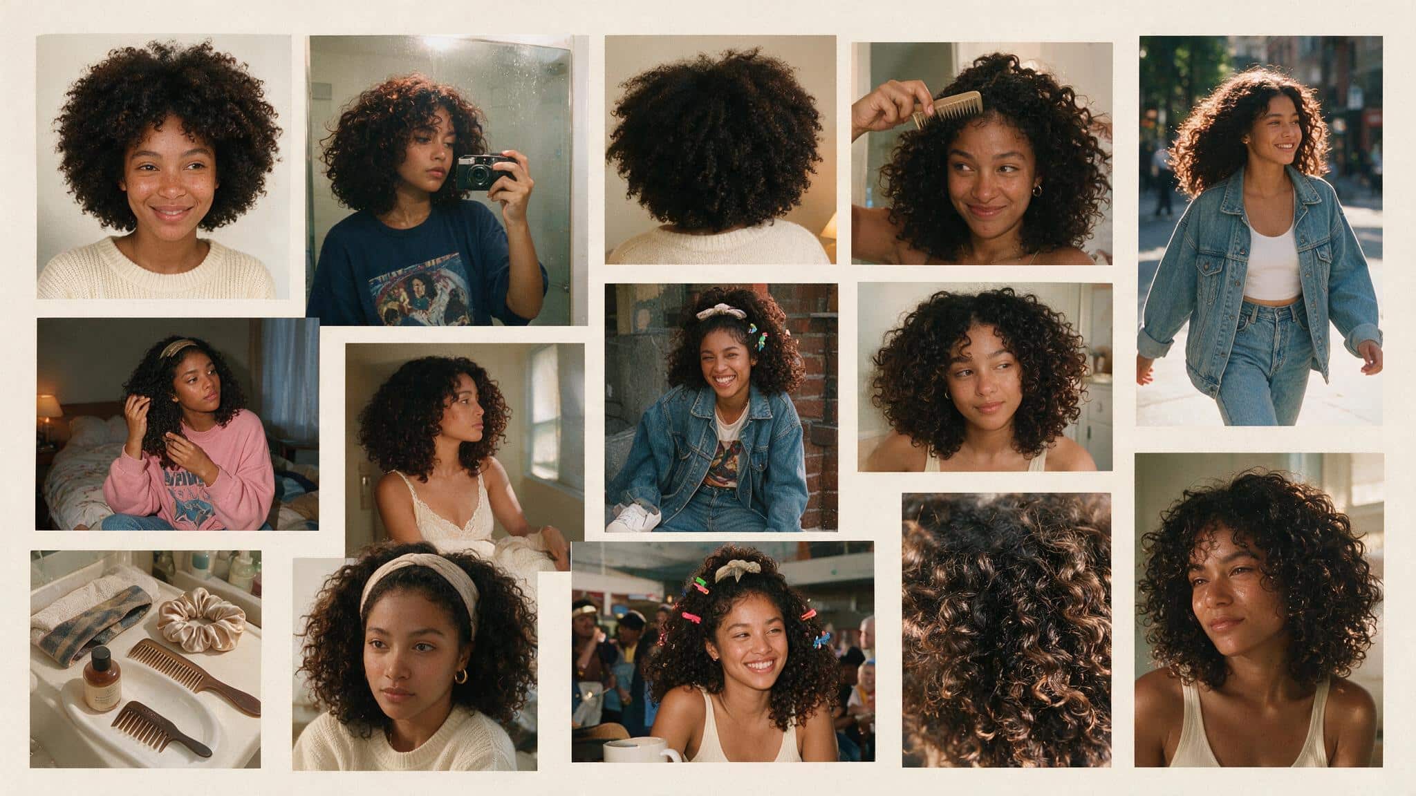a realistic 90s hairstyle moodboard featuring afro curls with natural volume rounded shape and textured curls worn with confidence multiple candid photos show different curl patterns short to medium natural hair and soft rounded silhouettes the images include bathroom mirror selfies outdoor portraits natural hair styling moments and casual 90s inspired outfits the hair appears naturally imperfect with varied curl sizes shrinkage soft frizz baby hairs uneven definition and realistic movement instead of overly styled perfection some looks include fabric headbands colorful clips and soft scrunchies a flat lay shows curl cream wide tooth comb hair pick satin accessories and natural hair products placed on a slightly messy vanity with everyday items nearby