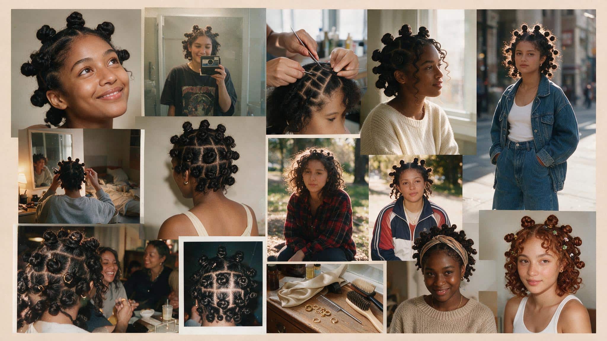 a realistic 90s hairstyle moodboard featuring bantu knots with small twisted sections of natural hair arranged into rounded knots across the scalp with a bold creative and textured look multiple candid photos show different knot sizes natural curl patterns decorative clips gold cuffs and relaxed everyday styling the images include hairstylist sectioning references bathroom mirror selfies close up texture shots outdoor portraits and casual 90s inspired outfits the hair appears naturally imperfect with uneven knot shapes visible scalp parting soft baby hairs loose curls slight frizz and realistic texture instead of perfectly polished styling a flat lay shows small hair pins gold cuffs edge brush wide tooth comb satin scarf and natural hair products placed on a slightly messy vanity with everyday items nearby