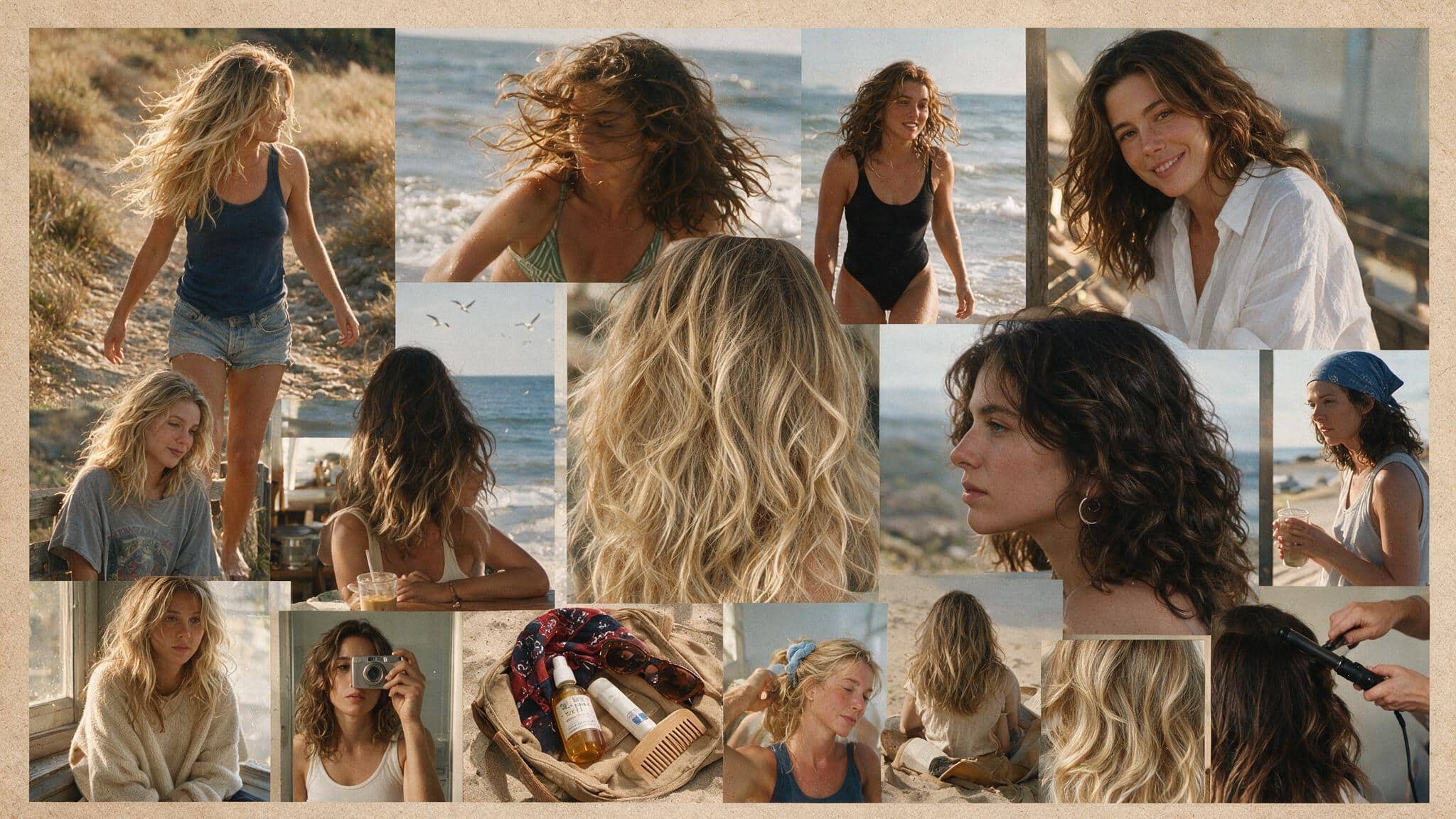 a realistic 90s hairstyle moodboard featuring beach waves with loose tousled texture soft bends and effortless movement throughout medium to long hair multiple candid photos show relaxed waves inspired by surf culture summer days and natural air dried texture the images include beach portraits vacation snapshots bathroom mirror selfies outdoor lifestyle photos and casual 90s inspired outfits the hair appears naturally imperfect with windblown strands uneven waves soft frizz flattened roots and lived in texture instead of perfectly styled curls a flat lay shows a cotton bandana sea salt spray sunglasses wooden comb and beach accessories placed on a slightly messy bag with everyday items nearby