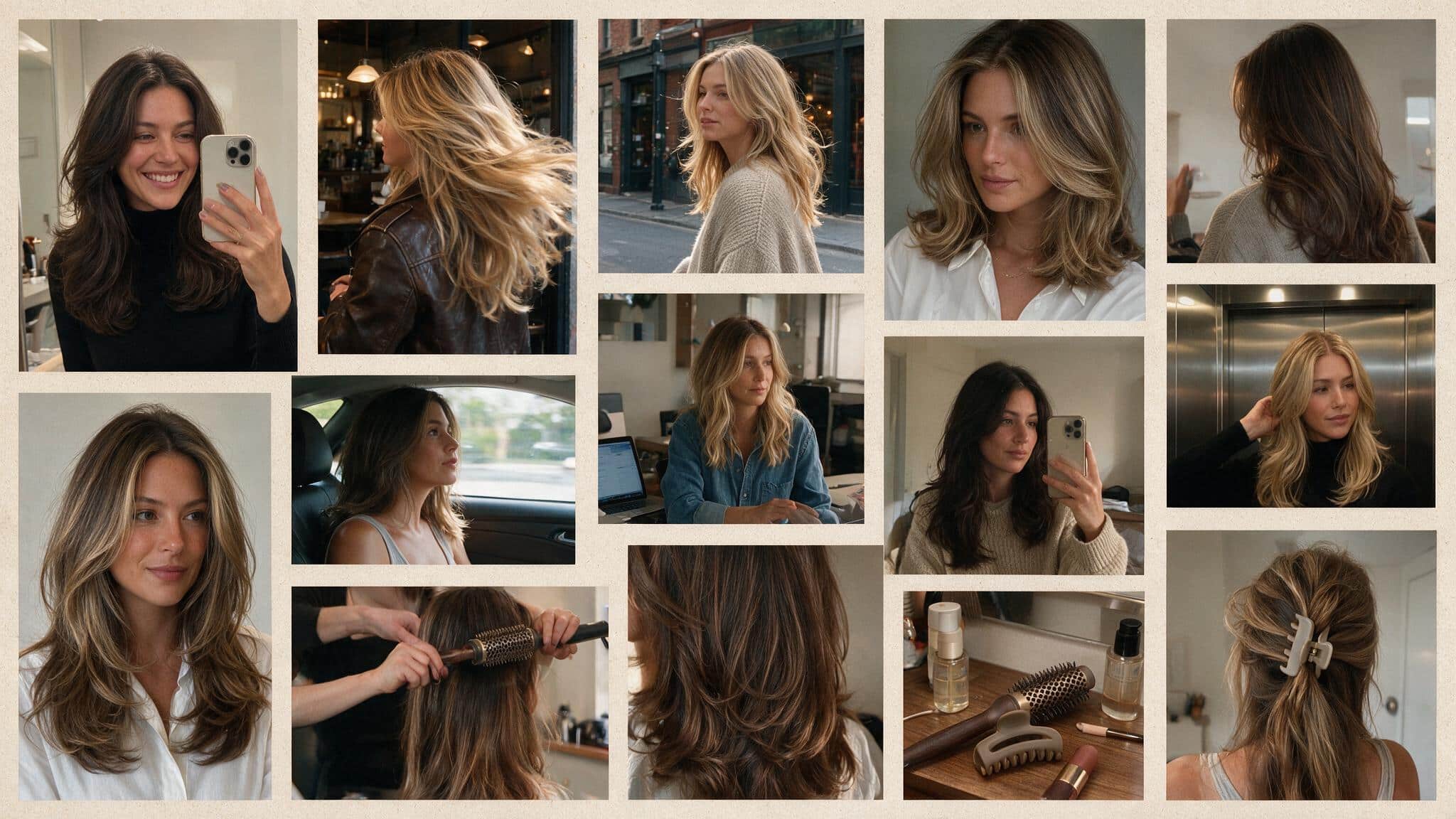 a realistic 90s hairstyle moodboard featuring big bouncy supermodel blowouts with full volume soft movement and rounded curls at the ends multiple candid photos show long layered hair styled with a round brush lifted roots glossy texture and natural body the images include salon blowout references bedroom mirror selfies outdoor portraits and vintage inspired fashion looks the hair appears lived in with flyaways softened curls uneven volume and natural movement instead of perfect styling a claw clip round brush blow dryer and hair products appear in a messy beauty flat lay with magazines and everyday items nearby