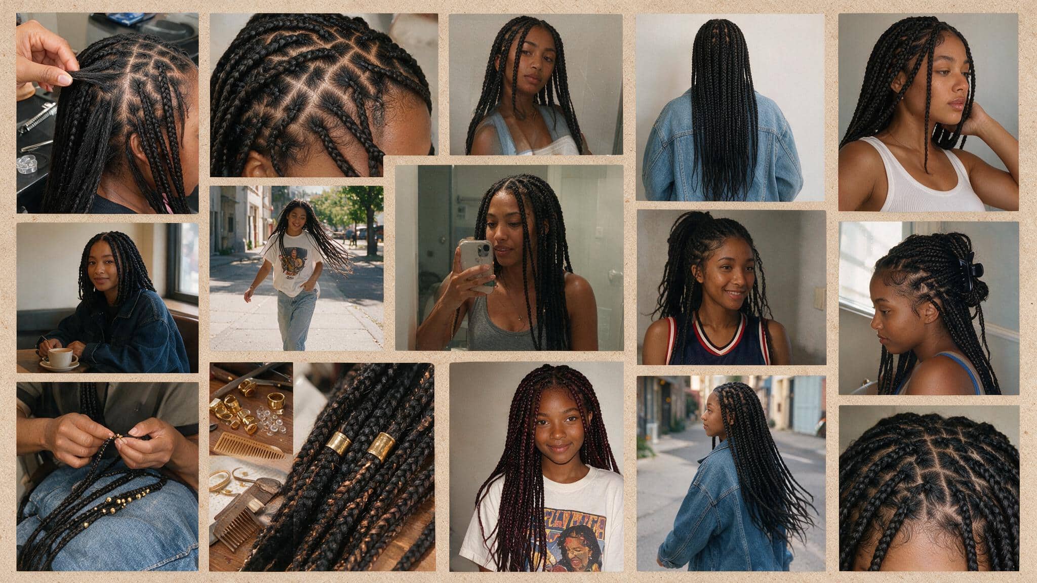 a realistic 90s hairstyle moodboard featuring box braids with individual sections neat parting and protective styling inspired by 90s fashion and everyday culture multiple candid photos show different braid lengths thicknesses and styling options including long braids ponytails half up styles and decorative accessories the images include hairstylist installation references casual mirror selfies street style portraits and everyday lifestyle photos the braids appear naturally imperfect with visible scalp sections slight frizz textured ends uneven movement and realistic wear a flat lay shows braid cuffs colorful beads hair clips combs and styling accessories placed on a slightly messy vanity with everyday items nearby