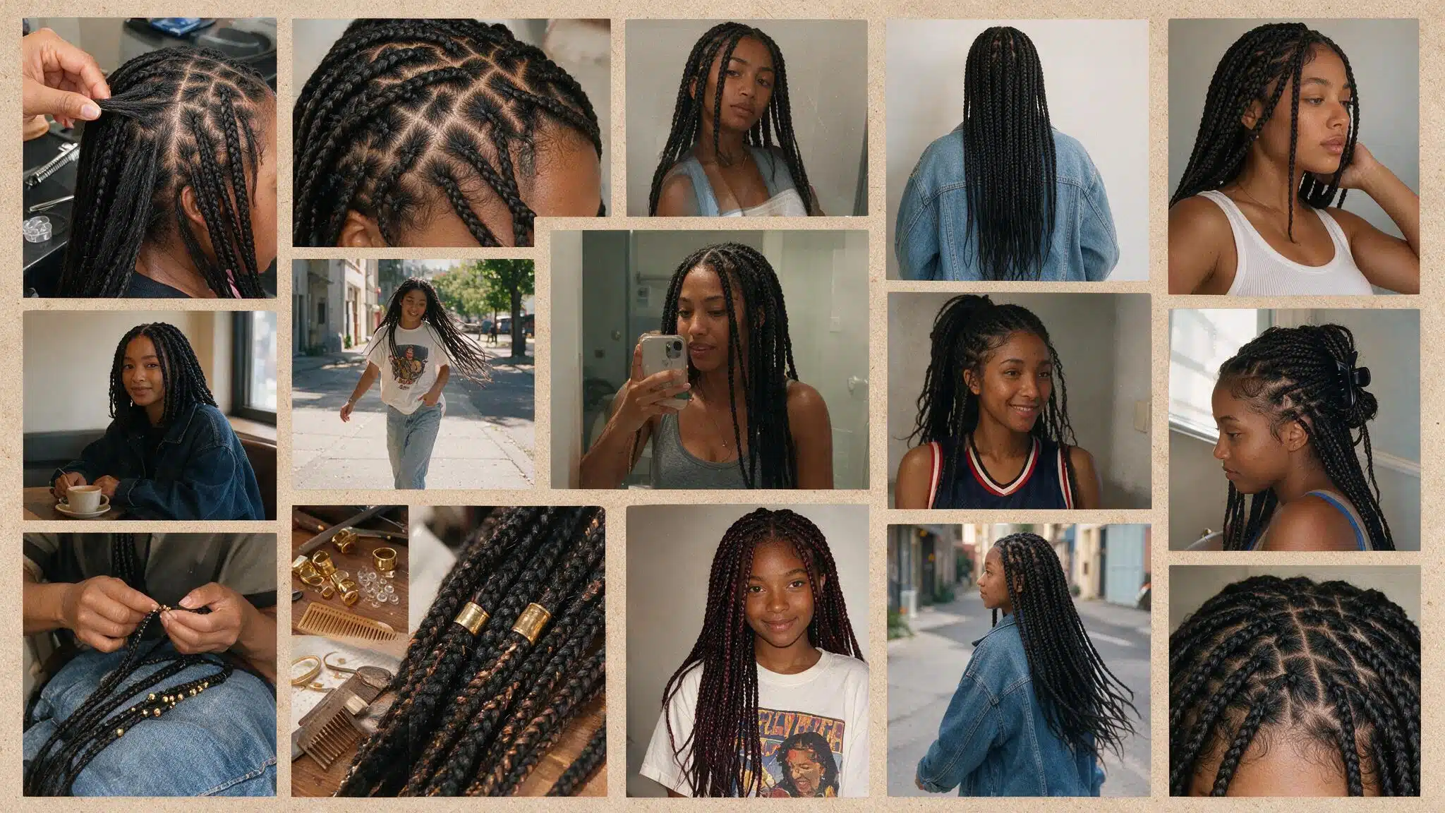 a realistic 90s hairstyle moodboard featuring box braids with individual sections neat parting and protective styling inspired by 90s fashion and everyday culture multiple candid photos show different braid lengths thicknesses and styling options including long braids ponytails half up styles and decorative accessories the images include hairstylist installation references casual mirror selfies street style portraits and everyday lifestyle photos the braids appear naturally imperfect with visible scalp sections slight frizz textured ends uneven movement and realistic wear a flat lay shows braid cuffs colorful beads hair clips combs and styling accessories placed on a slightly messy vanity with everyday items nearby