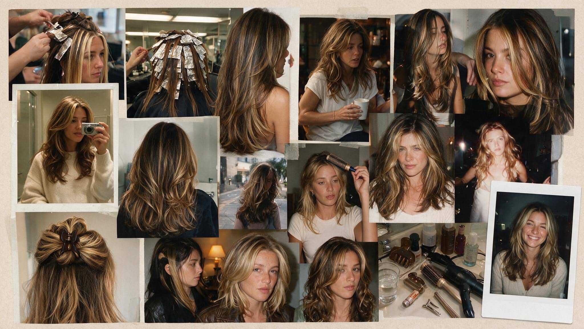a realistic 90s hairstyle moodboard featuring chunky highlights blowouts with bold blonde caramel or honey colored streaks paired with big rounded volume and layered movement multiple candid photos show face framing highlights round brush styling dramatic 90s body and soft flipped ends the images include salon highlight references bathroom mirror selfies vintage inspired outfits street style portraits and casual everyday looks the hair appears naturally imperfect with visible roots uneven highlight growth softened volume flyaways separated ends and realistic movement instead of a perfect salon finish a flat lay shows a large claw clip round brush blow dryer hair clips styling products and vintage magazines placed on a slightly messy vanity with everyday items nearby