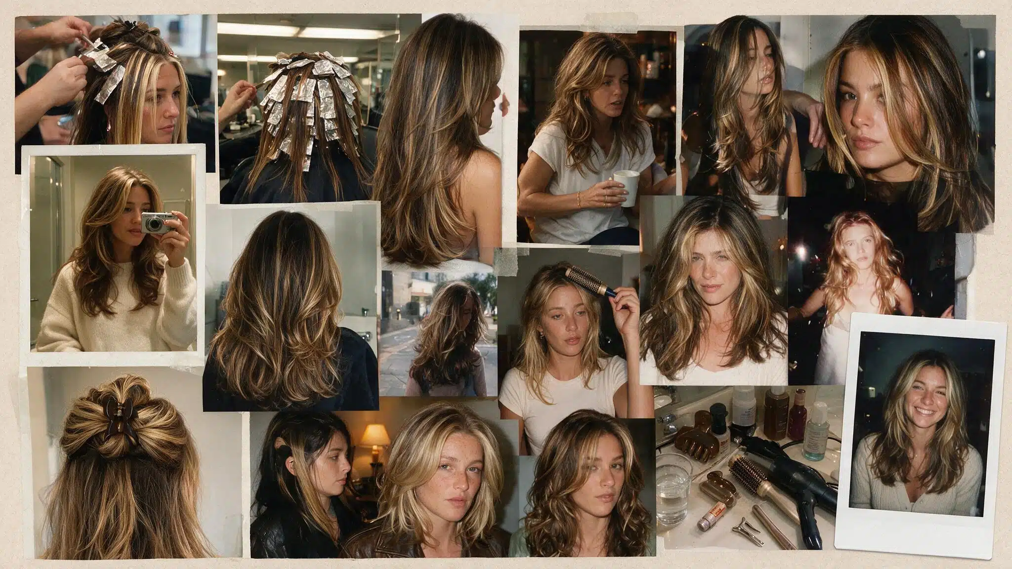 a realistic 90s hairstyle moodboard featuring chunky highlights blowouts with bold blonde caramel or honey colored streaks paired with big rounded volume and layered movement multiple candid photos show face framing highlights round brush styling dramatic 90s body and soft flipped ends the images include salon highlight references bathroom mirror selfies vintage inspired outfits street style portraits and casual everyday looks the hair appears naturally imperfect with visible roots uneven highlight growth softened volume flyaways separated ends and realistic movement instead of a perfect salon finish a flat lay shows a large claw clip round brush blow dryer hair clips styling products and vintage magazines placed on a slightly messy vanity with everyday items nearby