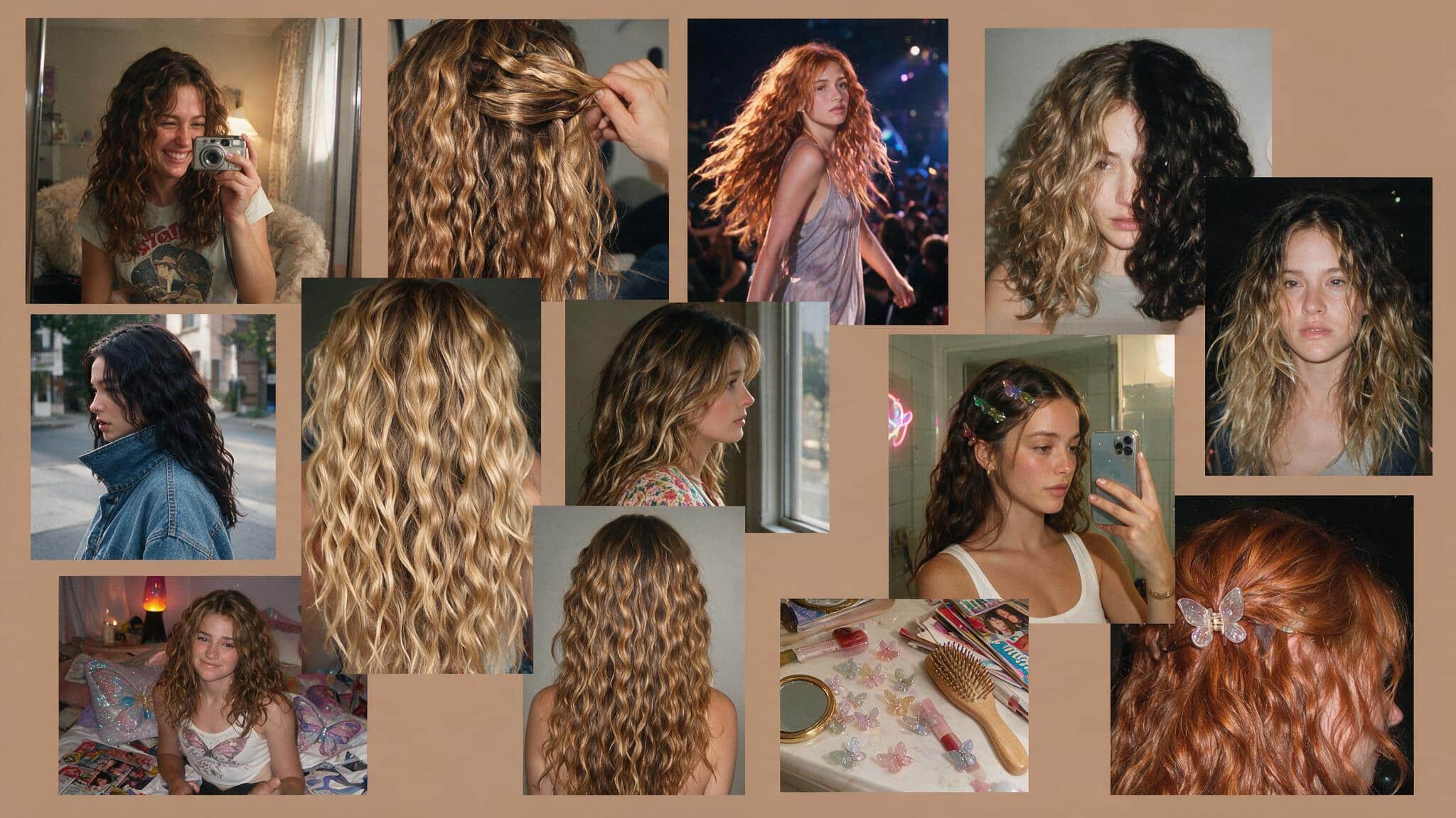 a realistic 90s hairstyle moodboard featuring crimped waves with zigzag texture throughout medium to long hair multiple candid photos show playful crimped sections mixed with natural texture colorful butterfly clips and nostalgic 90s styling the images include bedroom mirror selfies concert inspired looks hairstylist references and close up shots of textured strands the hair appears naturally imperfect with uneven crimp patterns soft frizz loose pieces around the face and relaxed movement a flat lay shows pastel butterfly clips crimping tools hair ties and 90s accessories scattered across a messy vanity with everyday items nearby