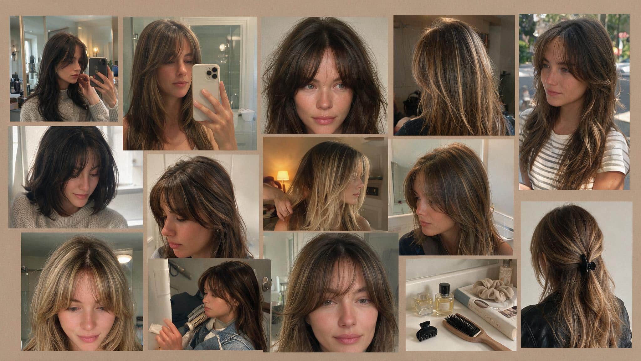 a realistic 90s hairstyle moodboard featuring curtain bangs with a soft center part and face framing layers that blend into medium to long hair multiple candid photos show wispy bangs rounded ends natural movement and relaxed styling the images include bathroom mirror selfies hairstylist haircut references outdoor portraits and everyday casual looks the hair appears naturally imperfect with separated bangs soft flyaways uneven texture and gentle volume around the face a flat lay shows a mini clip hairbrush comb and 90s hair accessories placed on a slightly messy vanity with everyday items nearby