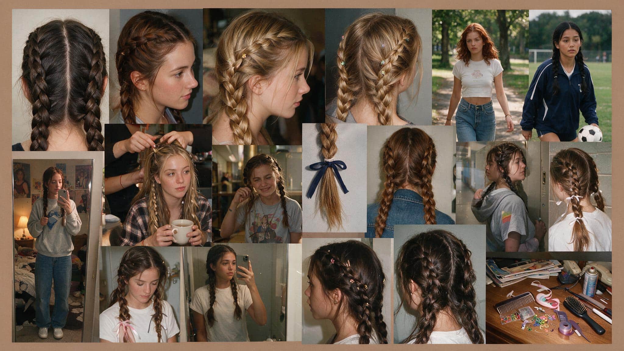 a realistic 90s hairstyle moodboard featuring double french braids with two braids starting close to the scalp and continuing down both sides of the head with a sporty nostalgic feel multiple candid photos show tight scalp braids relaxed versions colorful clips ribbon ties and everyday styling the images include bathroom mirror selfies hairstylist braiding references outdoor activities school inspired looks and casual street photos the hair appears naturally imperfect with loose strands uneven braid thickness soft frizz visible texture and slightly messy edges after wear instead of perfect symmetry a flat lay shows small snap clips colorful elastics ribbons combs and 90s hair accessories scattered across a slightly messy bedroom surface with everyday items nearby