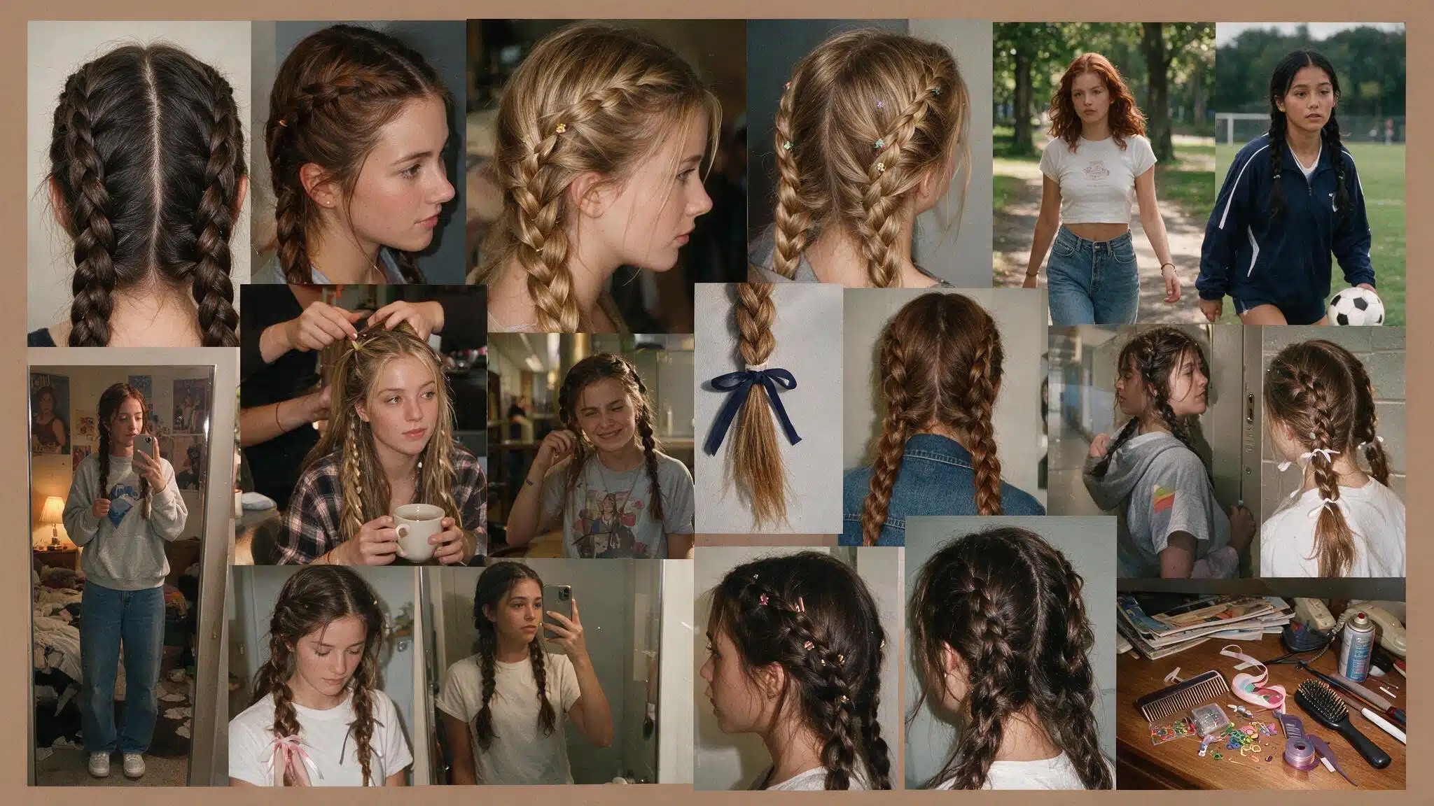 a realistic 90s hairstyle moodboard featuring double french braids with two braids starting close to the scalp and continuing down both sides of the head with a sporty nostalgic feel multiple candid photos show tight scalp braids relaxed versions colorful clips ribbon ties and everyday styling the images include bathroom mirror selfies hairstylist braiding references outdoor activities school inspired looks and casual street photos the hair appears naturally imperfect with loose strands uneven braid thickness soft frizz visible texture and slightly messy edges after wear instead of perfect symmetry a flat lay shows small snap clips colorful elastics ribbons combs and 90s hair accessories scattered across a slightly messy bedroom surface with everyday items nearby
