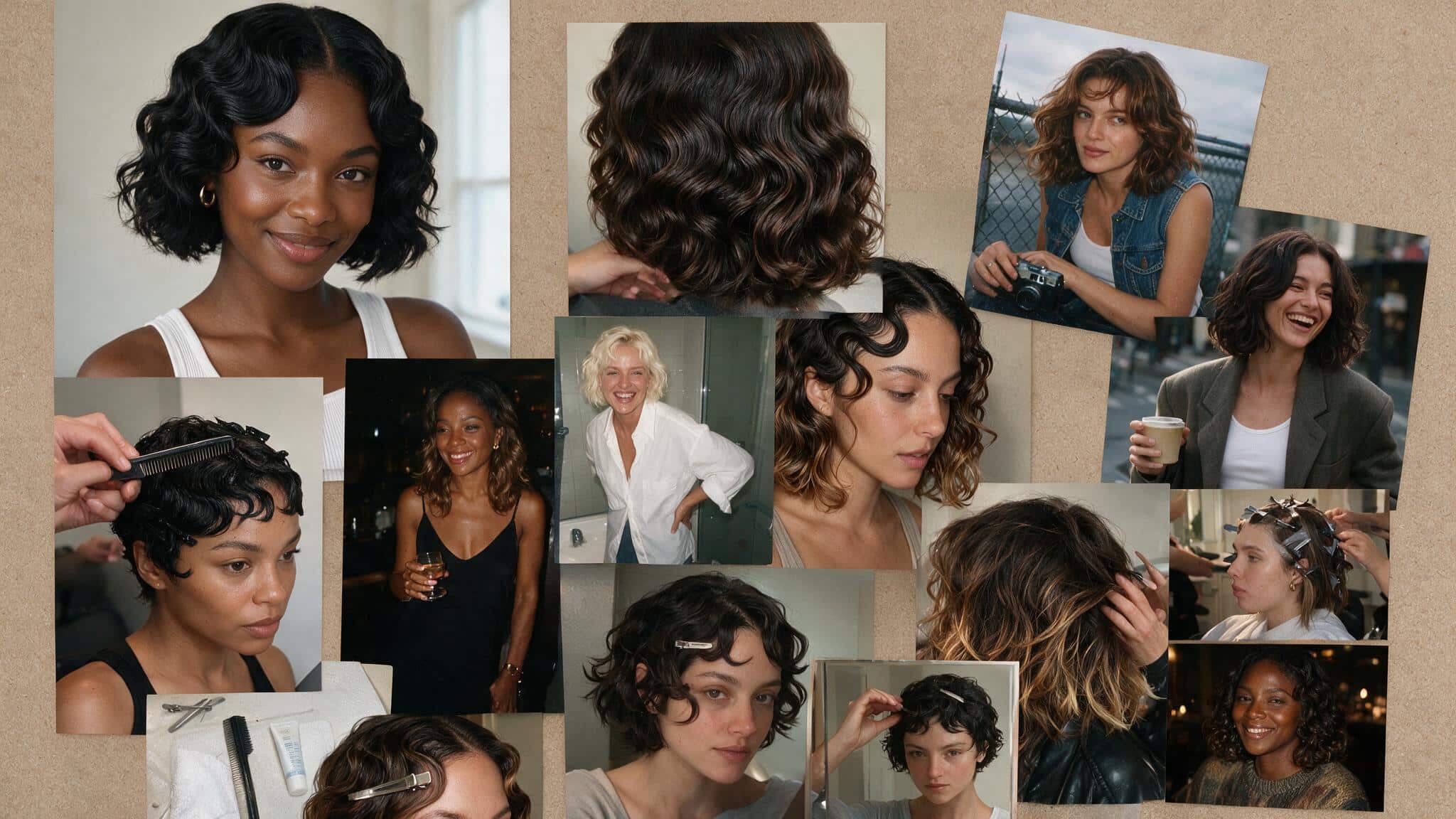 a realistic 90s hairstyle moodboard featuring finger waves with smooth s shaped ridges pressed close to the scalp and a glossy sculpted finish multiple candid photos show short to medium hairstyles with side parts soft curves and elegant vintage inspired texture the images include hairstylist styling references close up hair details bathroom mirror selfies and casual portraits the hair appears naturally imperfect with softened wave patterns baby hairs slight flyaways and realistic texture instead of a perfectly fixed shape a flat lay shows a fine tooth comb styling gel wave clips and vintage hair accessories placed on a slightly messy vanity with everyday items nearby