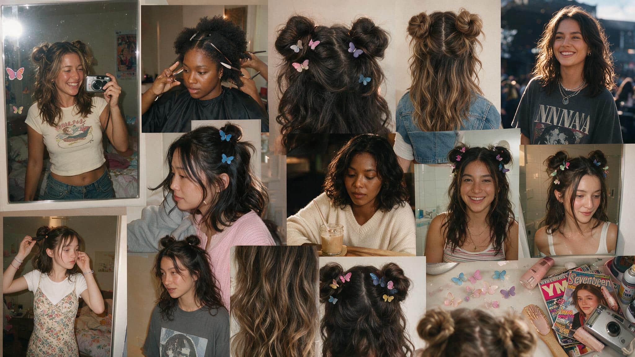 a realistic 90s hairstyle moodboard featuring half up space buns with two small buns placed high on the head and loose hair flowing underneath multiple candid photos show playful space buns colorful butterfly clips face framing strands and relaxed nostalgic styling the images include bedroom mirror selfies festival inspired outfits casual street photos hairstylist references and everyday looks the hair appears naturally imperfect with uneven bun shapes loose strands soft frizz and natural texture instead of perfect symmetry a flat lay shows butterfly clips colorful hair ties bobby pins and 90s hair accessories scattered across a messy bedroom surface with everyday items nearby