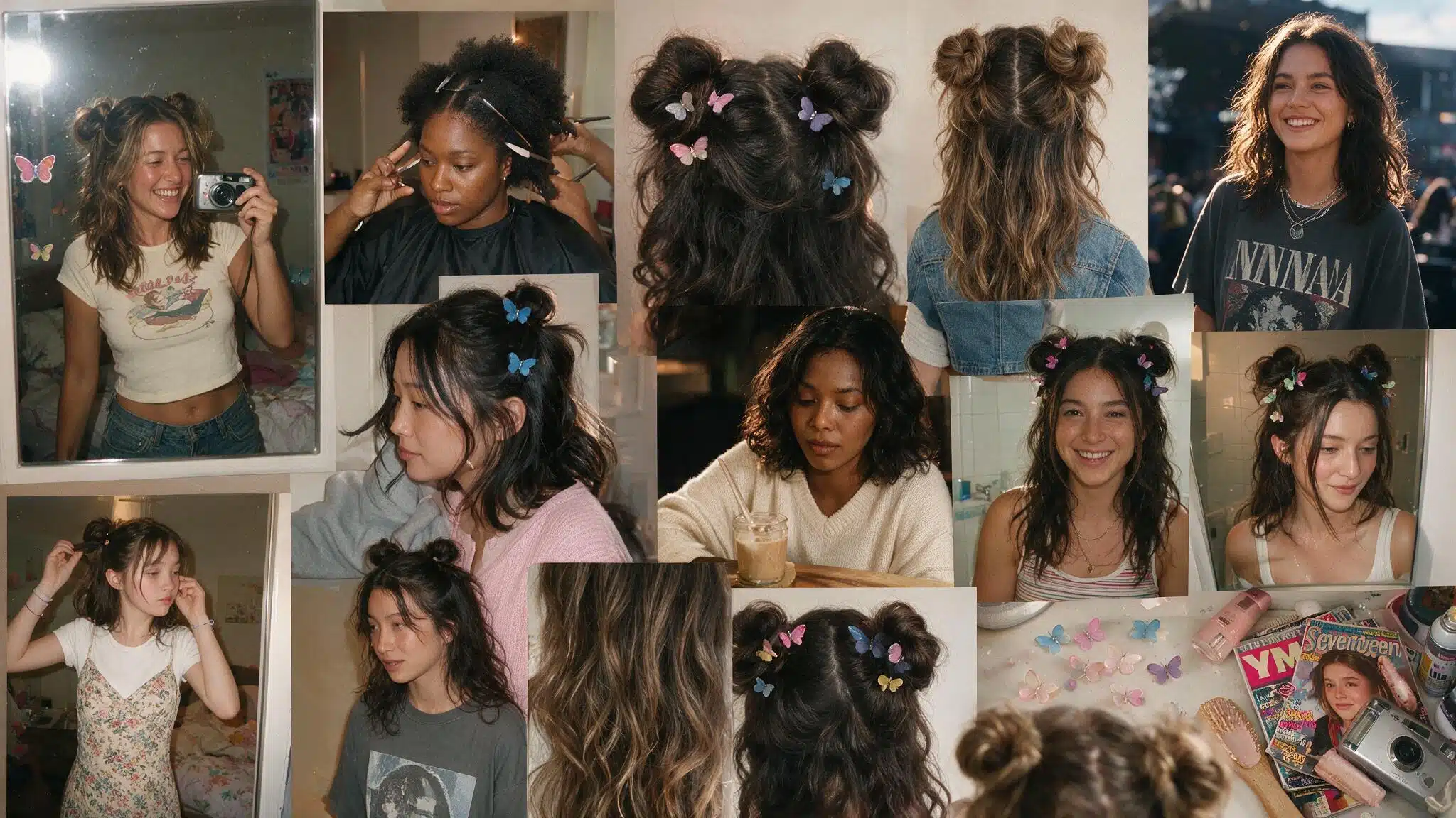 a realistic 90s hairstyle moodboard featuring half up space buns with two small buns placed high on the head and loose hair flowing underneath multiple candid photos show playful space buns colorful butterfly clips face framing strands and relaxed nostalgic styling the images include bedroom mirror selfies festival inspired outfits casual street photos hairstylist references and everyday looks the hair appears naturally imperfect with uneven bun shapes loose strands soft frizz and natural texture instead of perfect symmetry a flat lay shows butterfly clips colorful hair ties bobby pins and 90s hair accessories scattered across a messy bedroom surface with everyday items nearby