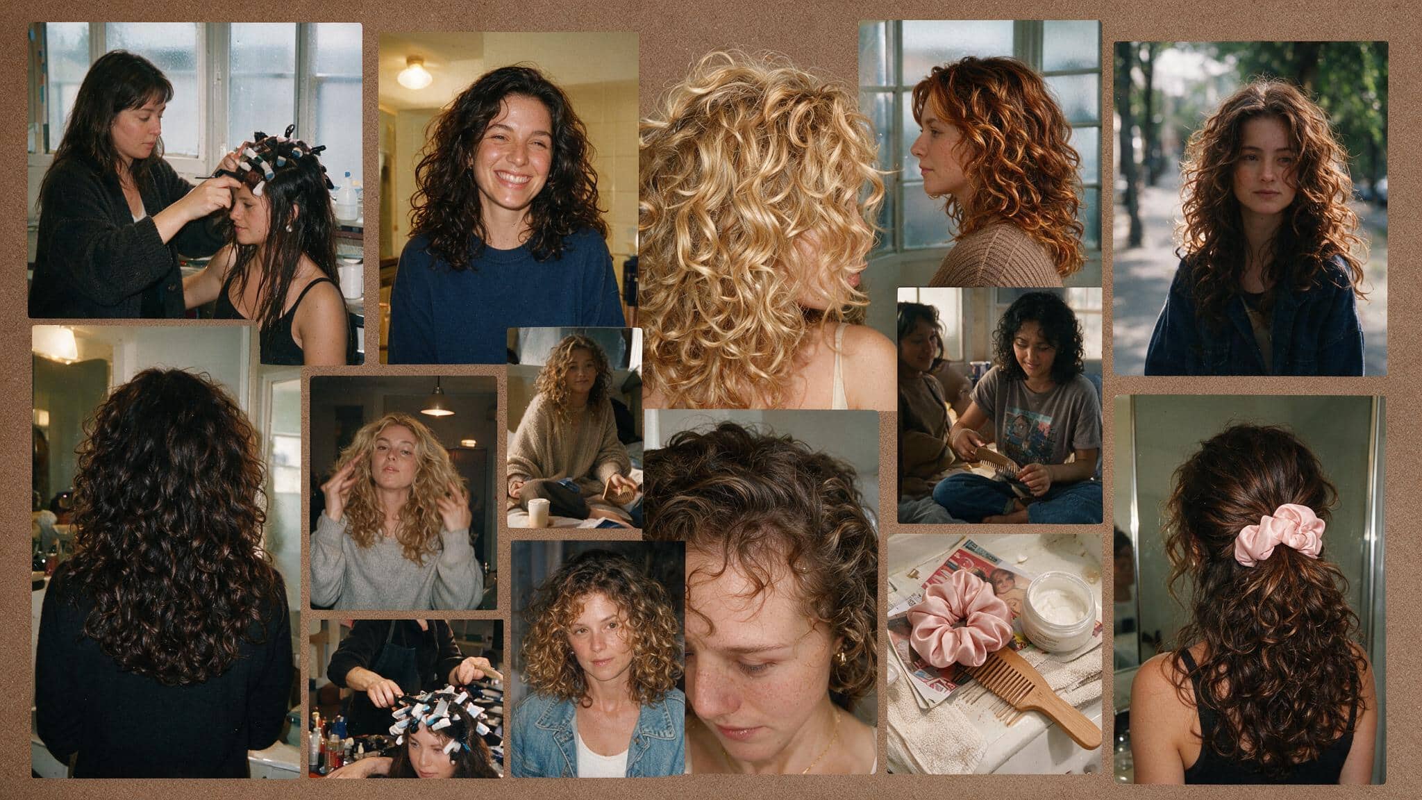 a realistic 90s hairstyle moodboard featuring permed curls with soft rounded volume and bouncy texture throughout medium to long hair multiple candid photos show loose to medium curls inspired by classic 90s volume with a more natural modern finish the images include salon perm references bathroom mirror selfies outdoor portraits and casual everyday looks the hair appears naturally imperfect with different curl sizes soft frizz uneven curl patterns flattened sections and lived in movement a flat lay shows a silk scrunchie curl cream wide tooth comb and hair products placed on a slightly messy bathroom counter with everyday items nearby