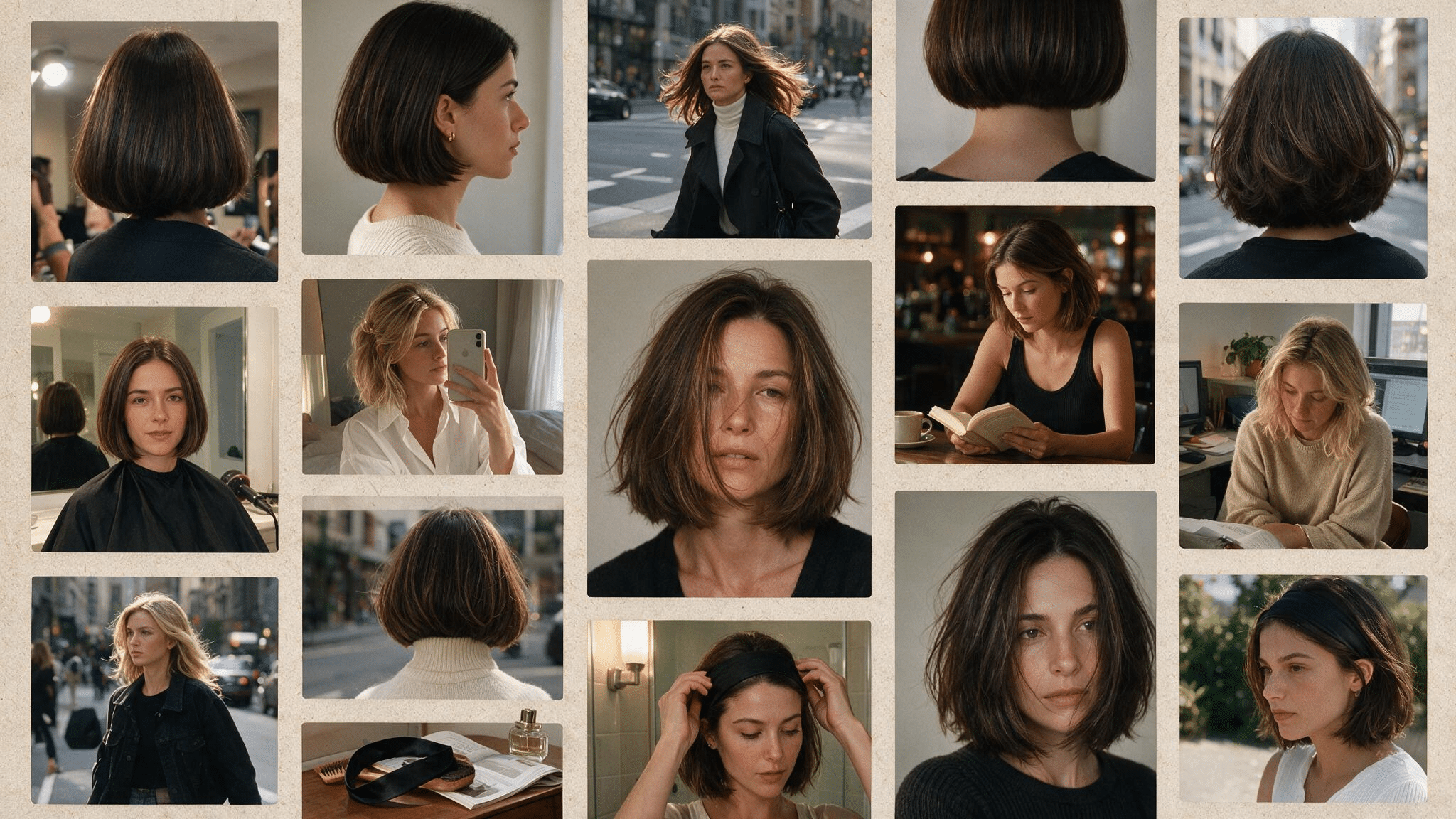 a realistic 90s hairstyle moodboard featuring the classic 90s bob haircut with chin length blunt cuts smooth edges and soft rounded volume multiple candid photos show sleek straight bobs slightly textured versions and styles paired with thin headbands or small clips the images include bathroom mirror selfies hairstylist haircut references casual street photos and vintage inspired outfits the hair appears natural with subtle shine slightly uneven ends soft flyaways and imperfect styling a flat lay shows snap clips combs thin headbands and 90s hair accessories placed on a simple vanity with everyday clutter