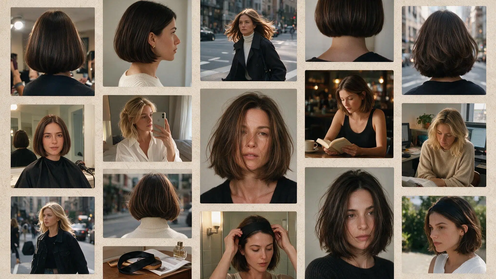a realistic 90s hairstyle moodboard featuring the classic 90s bob haircut with chin length blunt cuts smooth edges and soft rounded volume multiple candid photos show sleek straight bobs slightly textured versions and styles paired with thin headbands or small clips the images include bathroom mirror selfies hairstylist haircut references casual street photos and vintage inspired outfits the hair appears natural with subtle shine slightly uneven ends soft flyaways and imperfect styling a flat lay shows snap clips combs thin headbands and 90s hair accessories placed on a simple vanity with everyday clutter