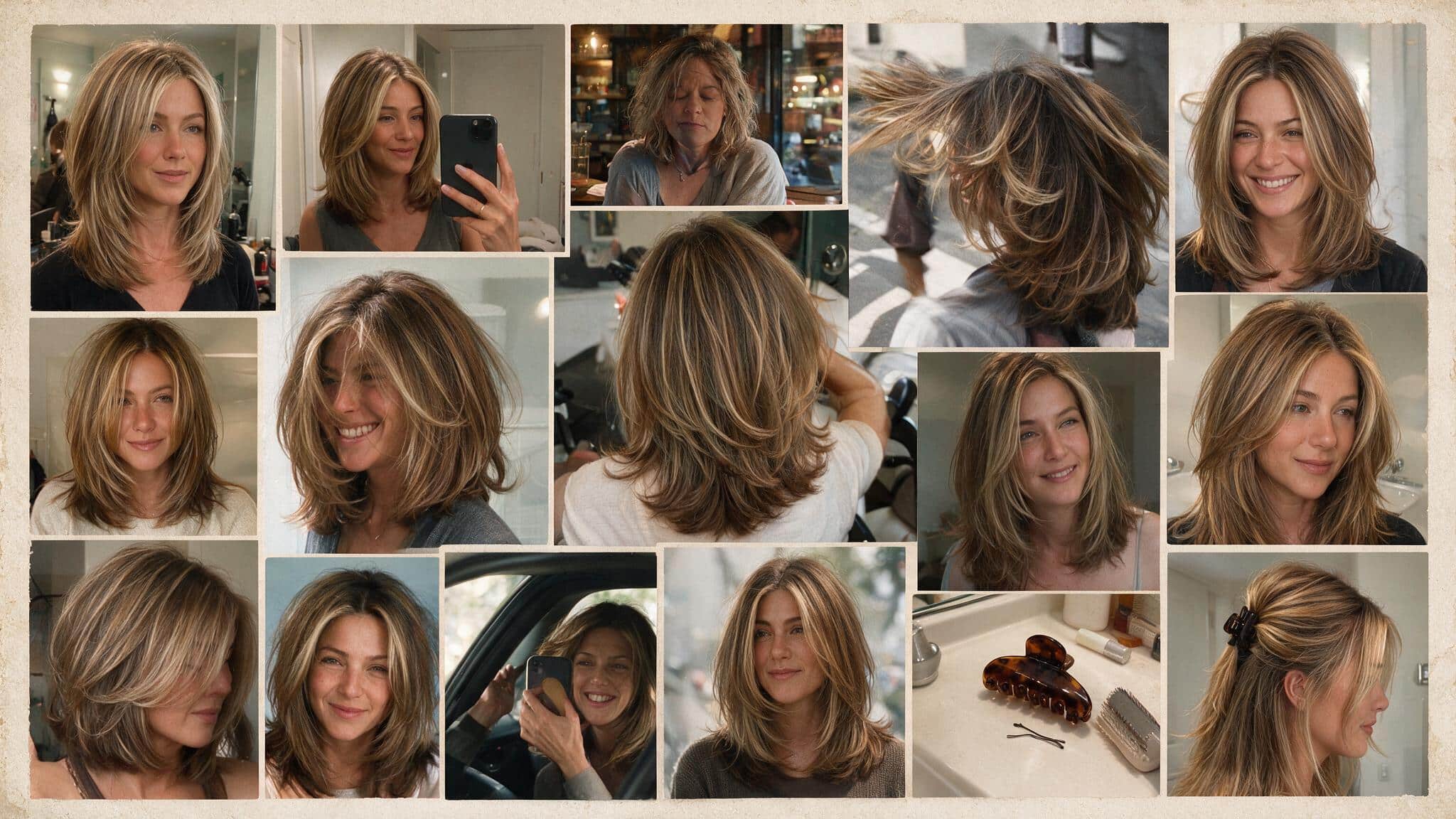 a realistic 90s hairstyle moodboard featuring the rachel haircut with layered face framing medium to long hair multiple candid photos show soft feathered layers starting around the cheekbones with flipped ends and natural volume created with a round brush the images include brunette and highlighted hair variations casual mirror selfies hairstylist references and everyday street photos small claw clips hold back front layers with imperfect flyaways uneven texture and relaxed styling that feels lived in rather than polished a flat lay shows a mini hair clip round brush and 90s beauty accessories on a messy vanity