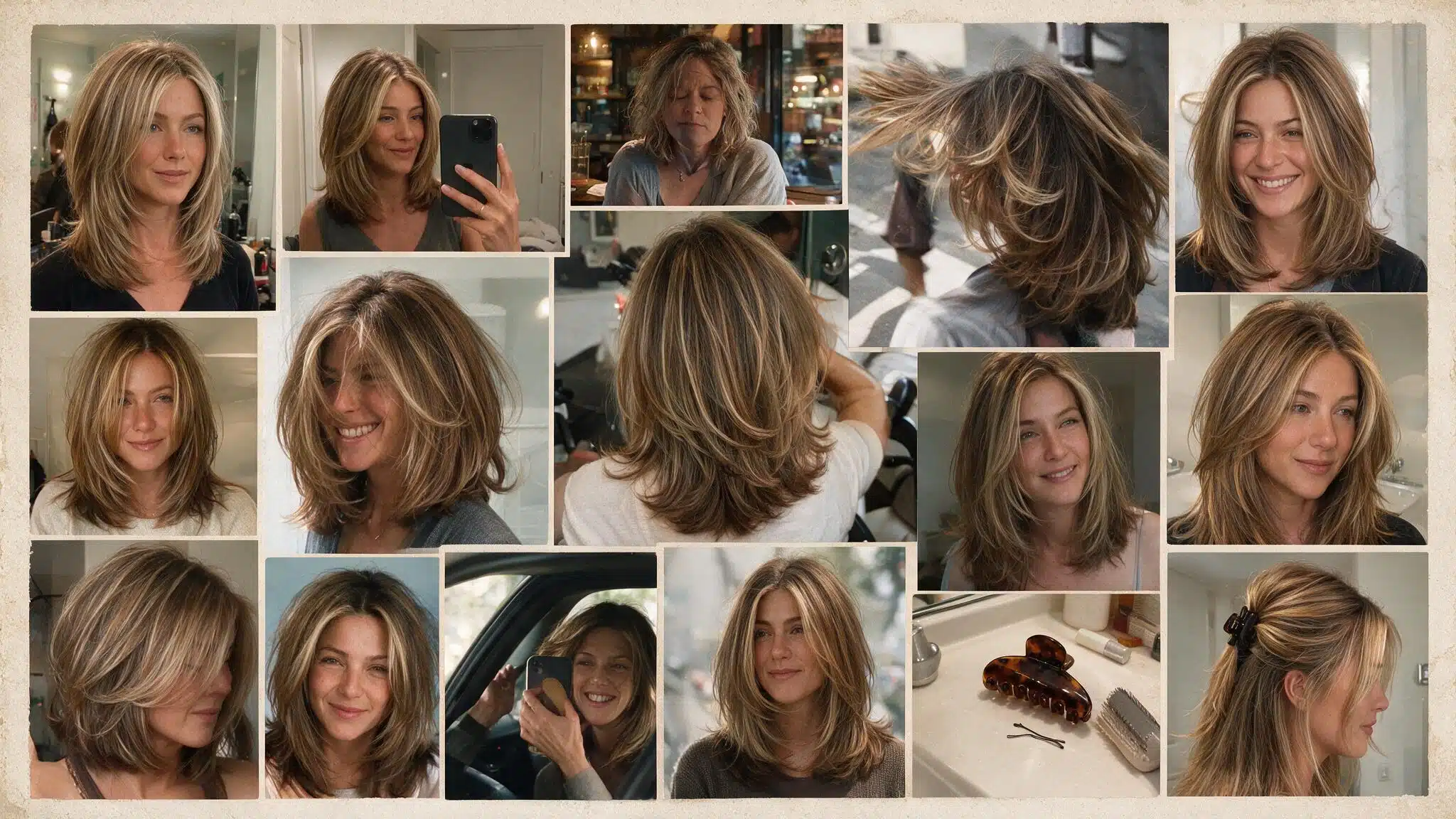 a realistic 90s hairstyle moodboard featuring the rachel haircut with layered face framing medium to long hair multiple candid photos show soft feathered layers starting around the cheekbones with flipped ends and natural volume created with a round brush the images include brunette and highlighted hair variations casual mirror selfies hairstylist references and everyday street photos small claw clips hold back front layers with imperfect flyaways uneven texture and relaxed styling that feels lived in rather than polished a flat lay shows a mini hair clip round brush and 90s beauty accessories on a messy vanity
