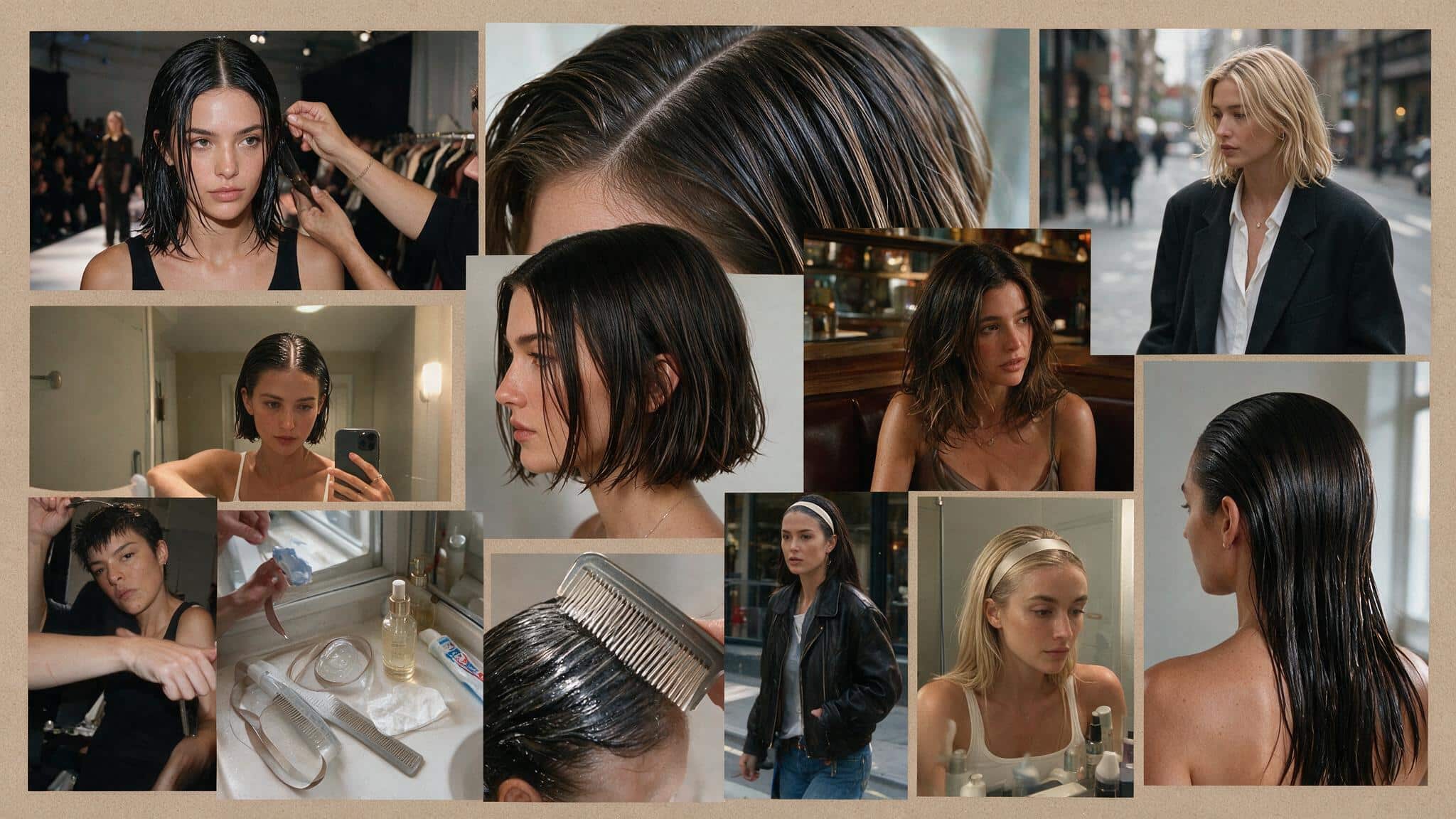 a realistic 90s hairstyle moodboard featuring wet look hair with glossy slicked back strands clean parts and a sleek editorial inspired finish multiple candid photos show short to medium hairstyles with gelled texture natural shine and relaxed styling the images include backstage hairstyling references bathroom mirror selfies minimalist fashion looks and casual portraits the hair appears naturally imperfect with soft shine baby hairs visible comb lines loose strands and slight texture underneath instead of a plastic wet effect a flat lay shows a fine tooth comb hair gel serum satin headband and styling products placed on a slightly messy bathroom counter with everyday items nearby