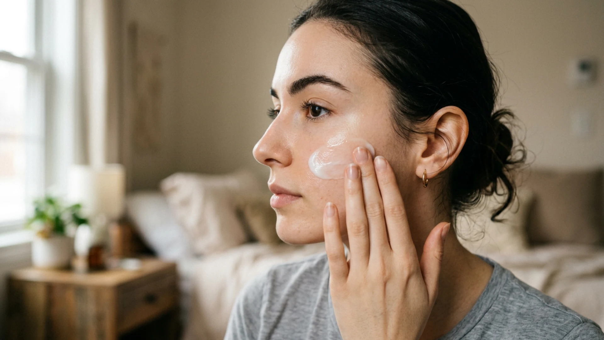 A side profile of a young woman with dark hair applying white skincare lotion to her cheek in her bedroom
