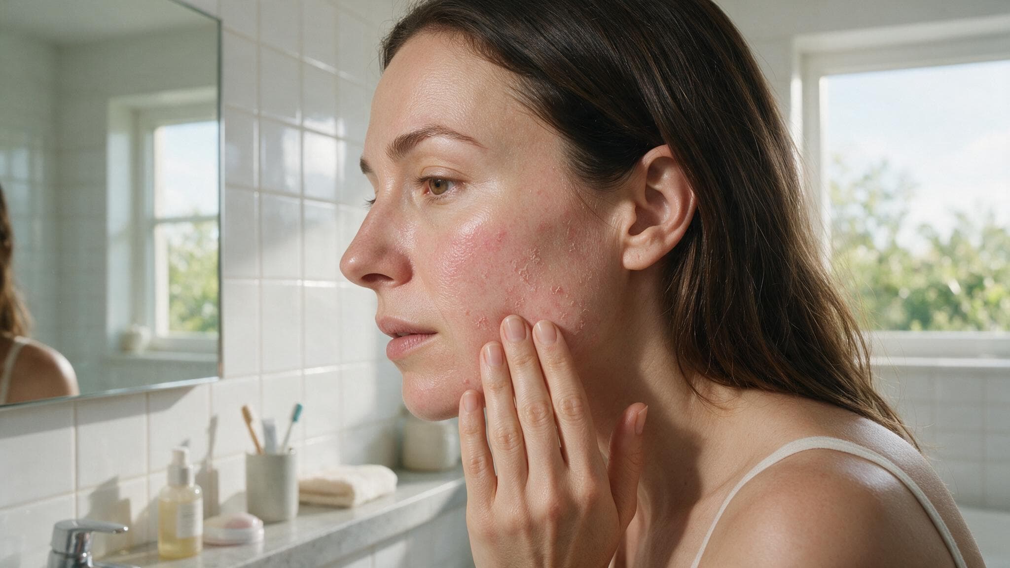 caucasian woman with a damaged skin barrier loking at her skin in her washroom infront of her washbasin