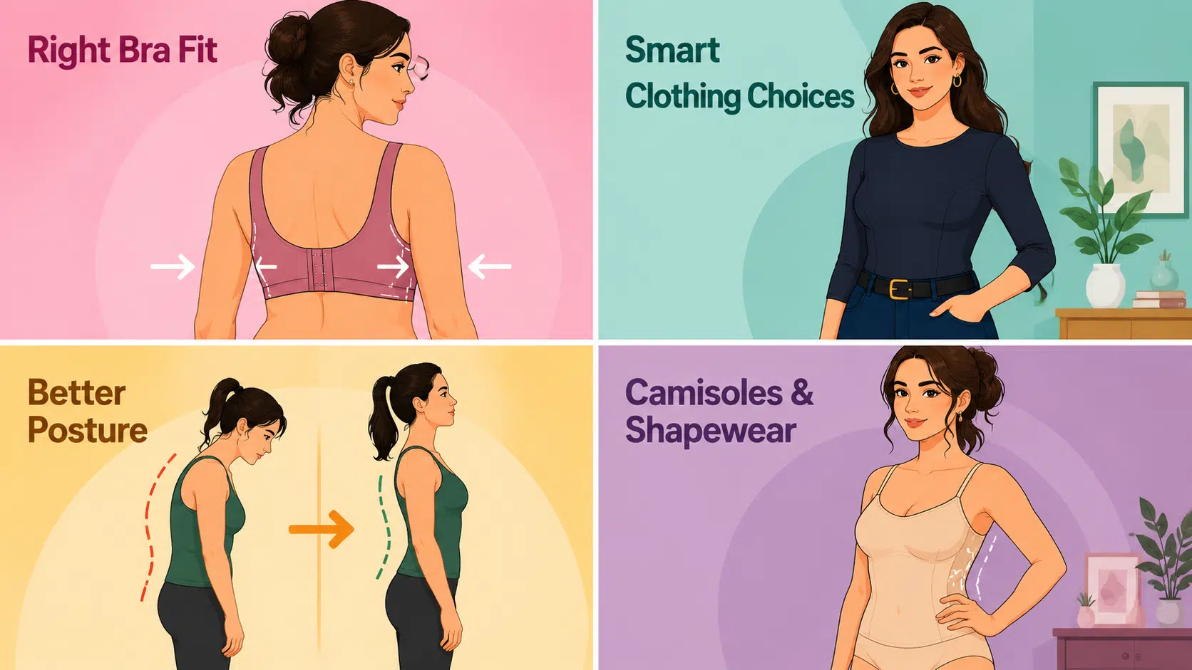 adult cartoon infographic showing bra fit clothing choices posture and shapewear tips for a smoother silhouette appearance