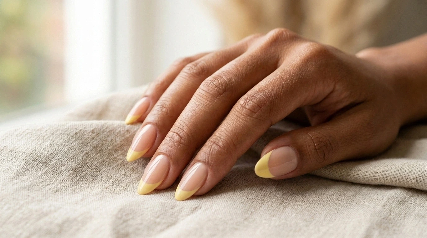 almond nails with classic butter yellow french tips on medium brown skin