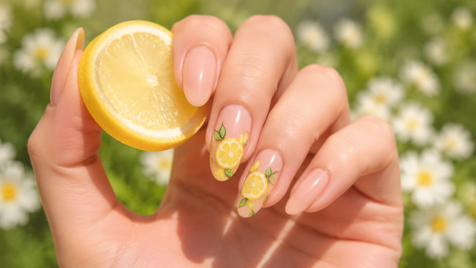 almond nails with hand painted lemon slice accents on nude base held against blurred white flower garden background
