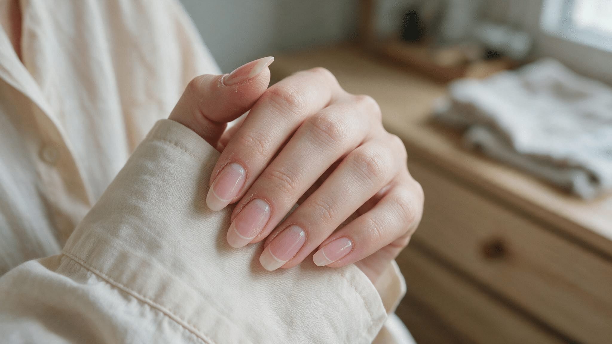 almond nails with sheer blush polish and ultra thin white french tips resting naturally on soft beige fabric in soft daylight