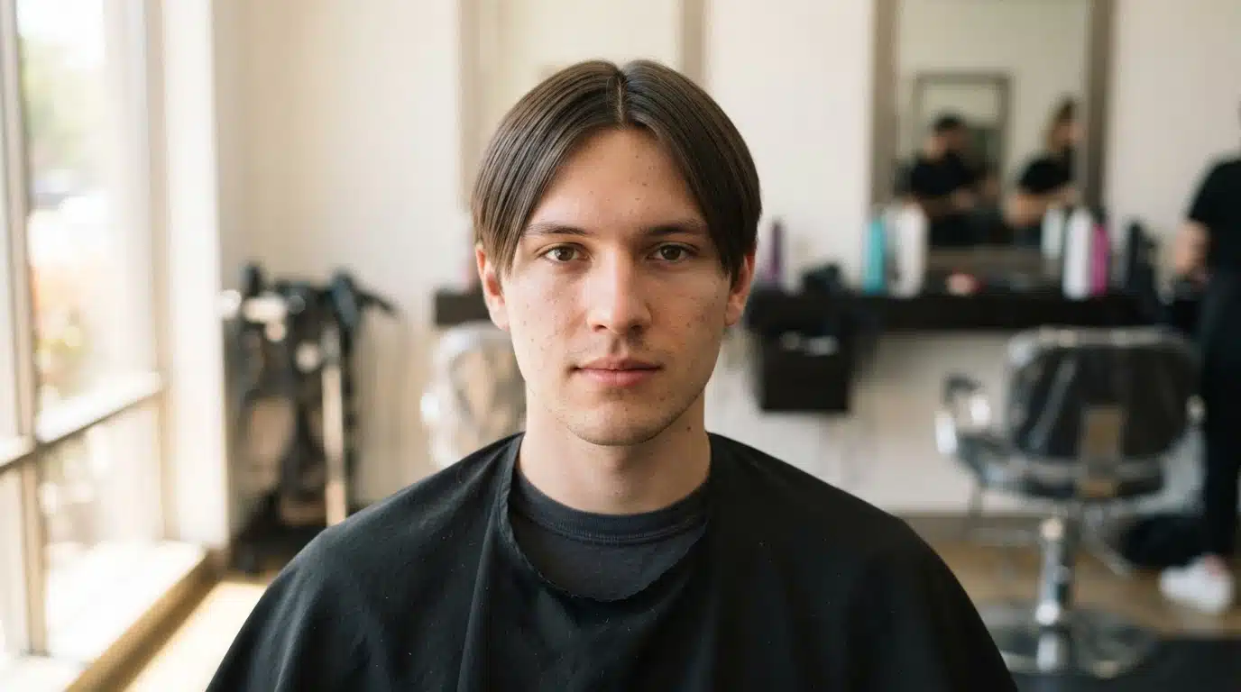 american man with straight flat hair before body wave perm in a simple salon