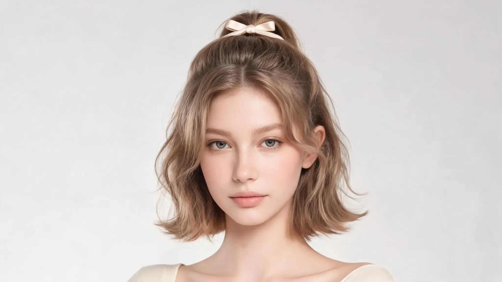 american model with bow half up hairstyle on short hair with soft feminine style