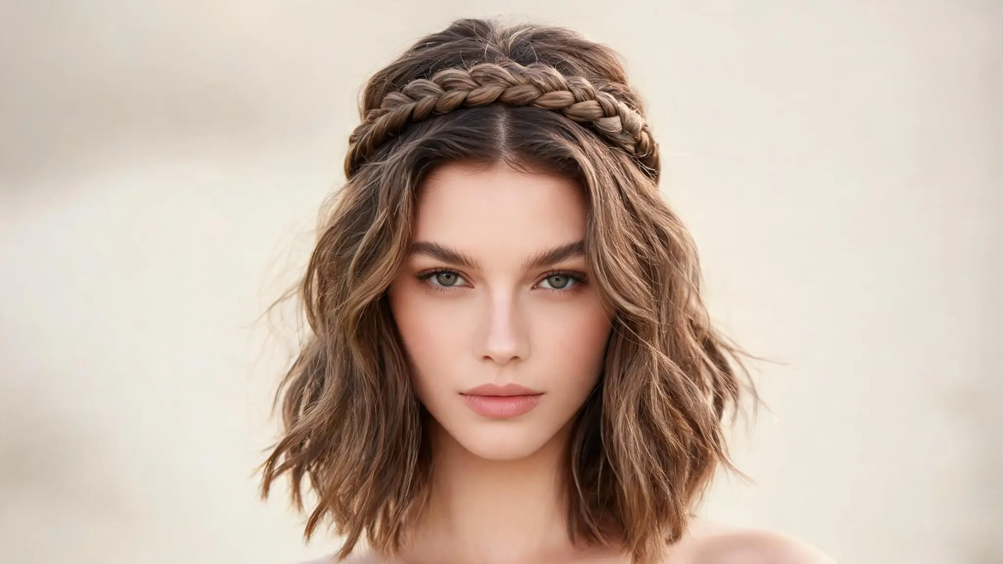 american model with braided crown half up hairstyle on short wavy bob hair with soft texture