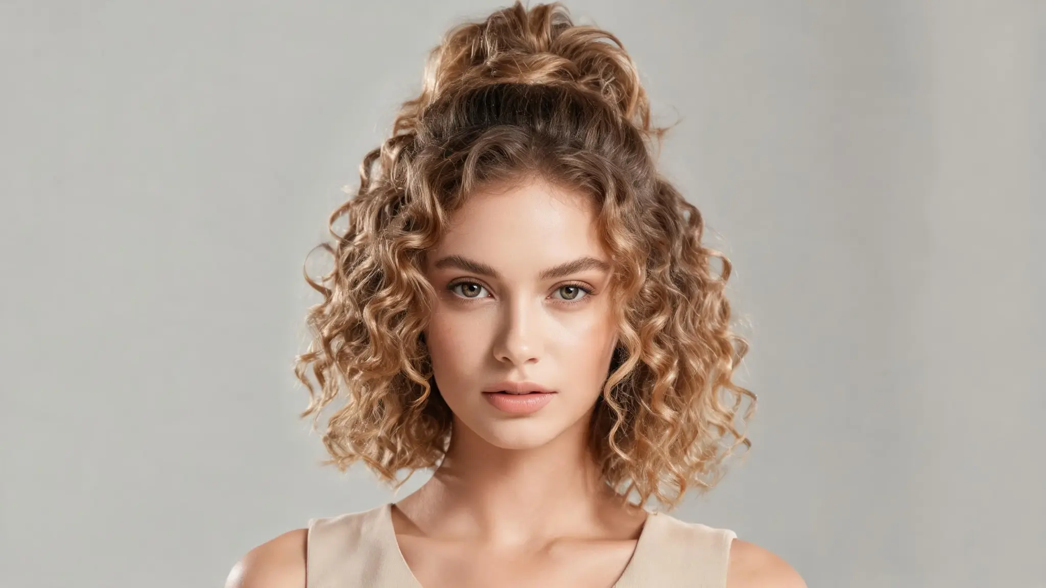 american model with curly half up hairstyle showing natural curls and crown volume