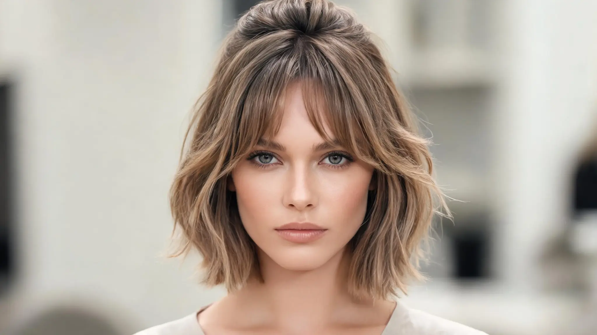 american model with curtain bangs and soft half up hairstyle on layered short bob hair