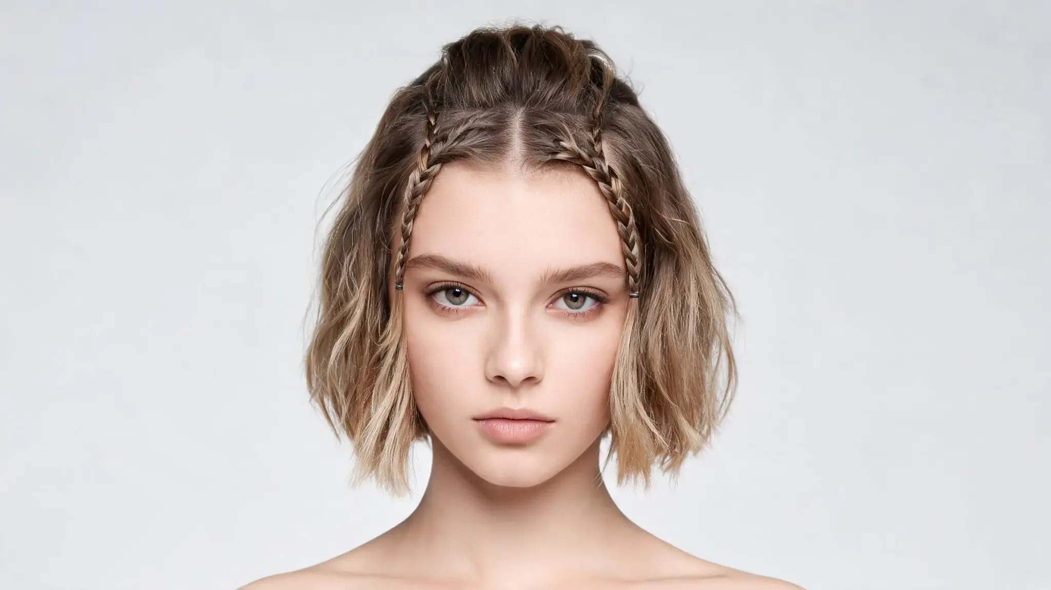 american model with front braids and half up hairstyle on short layered bob hair