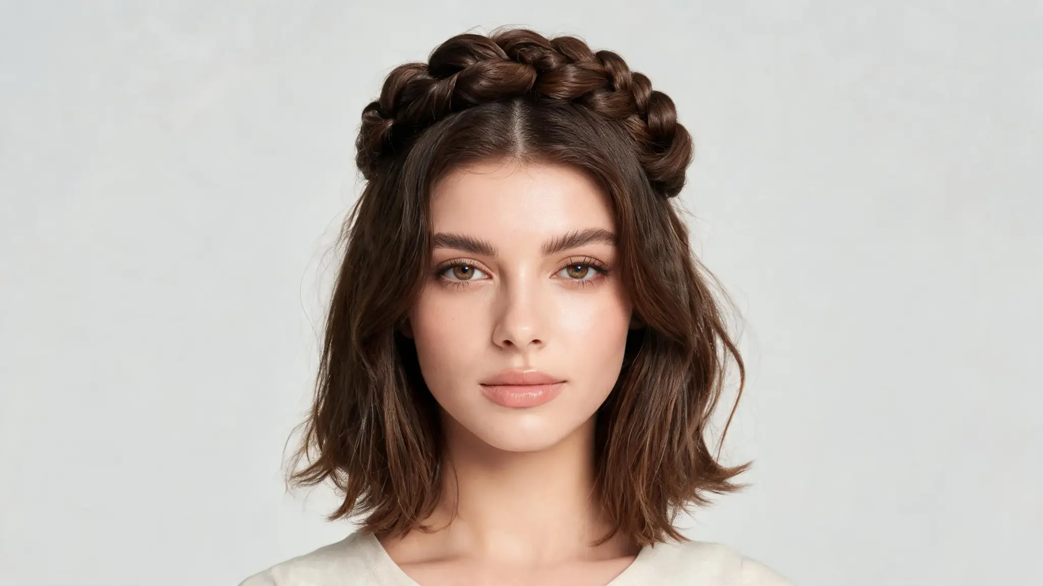american model with half up bubble twist hairstyle on medium bob hair