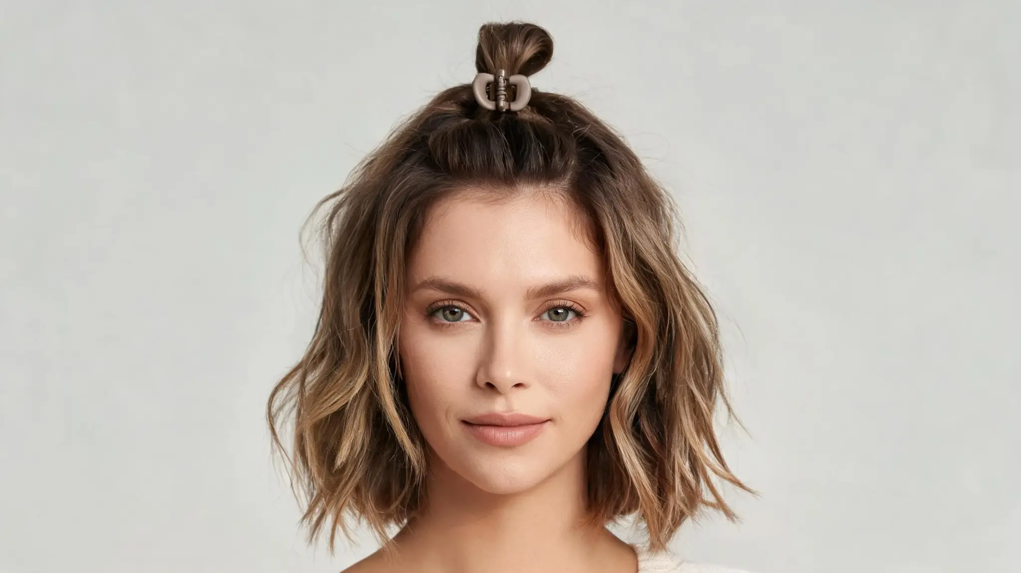 american model with half up claw clip hairstyle on short layered hair