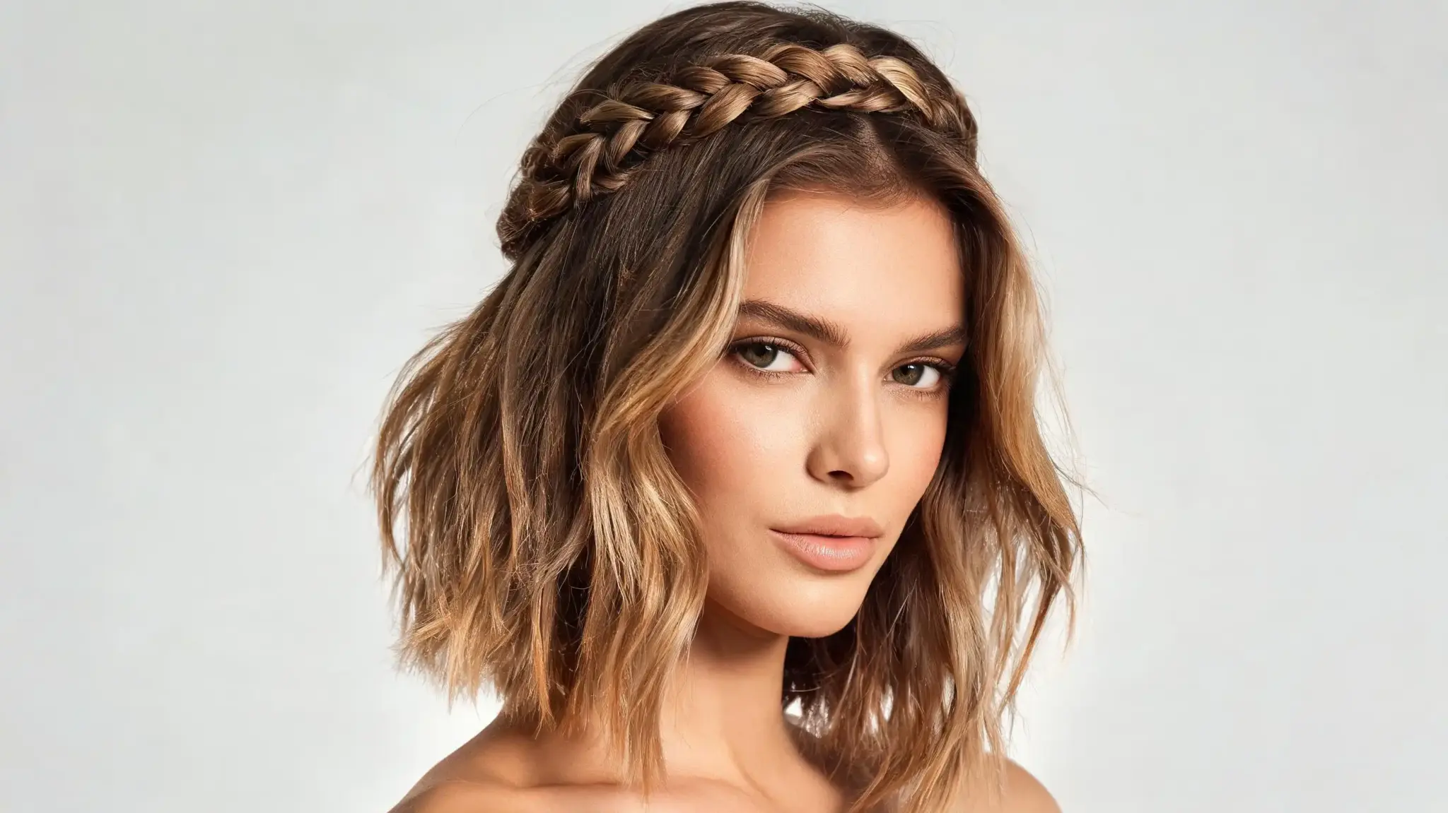 american model with half up french braid hairstyle on layered bob hair