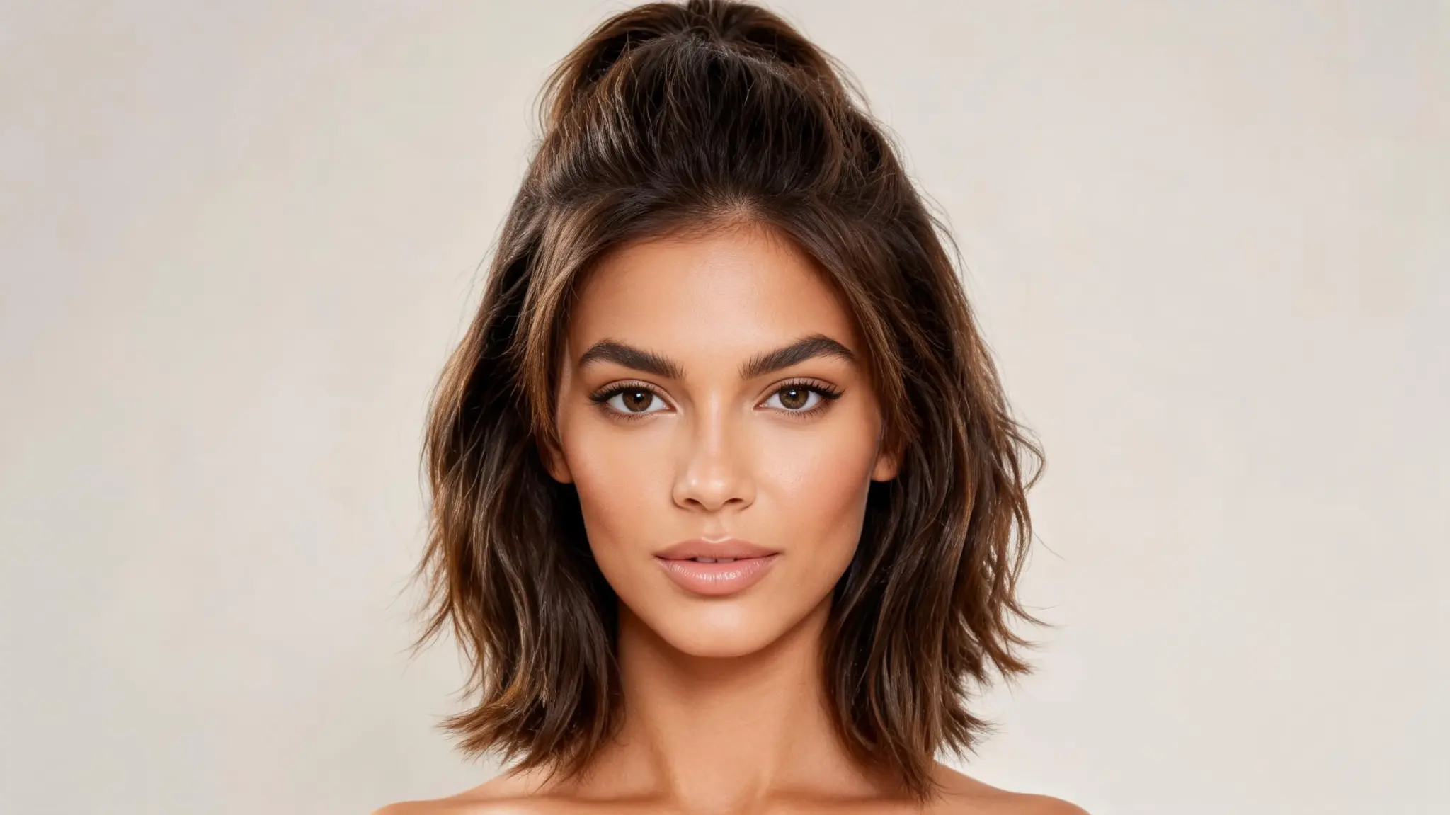 american model with half up hairstyle on thick short hair with natural volume