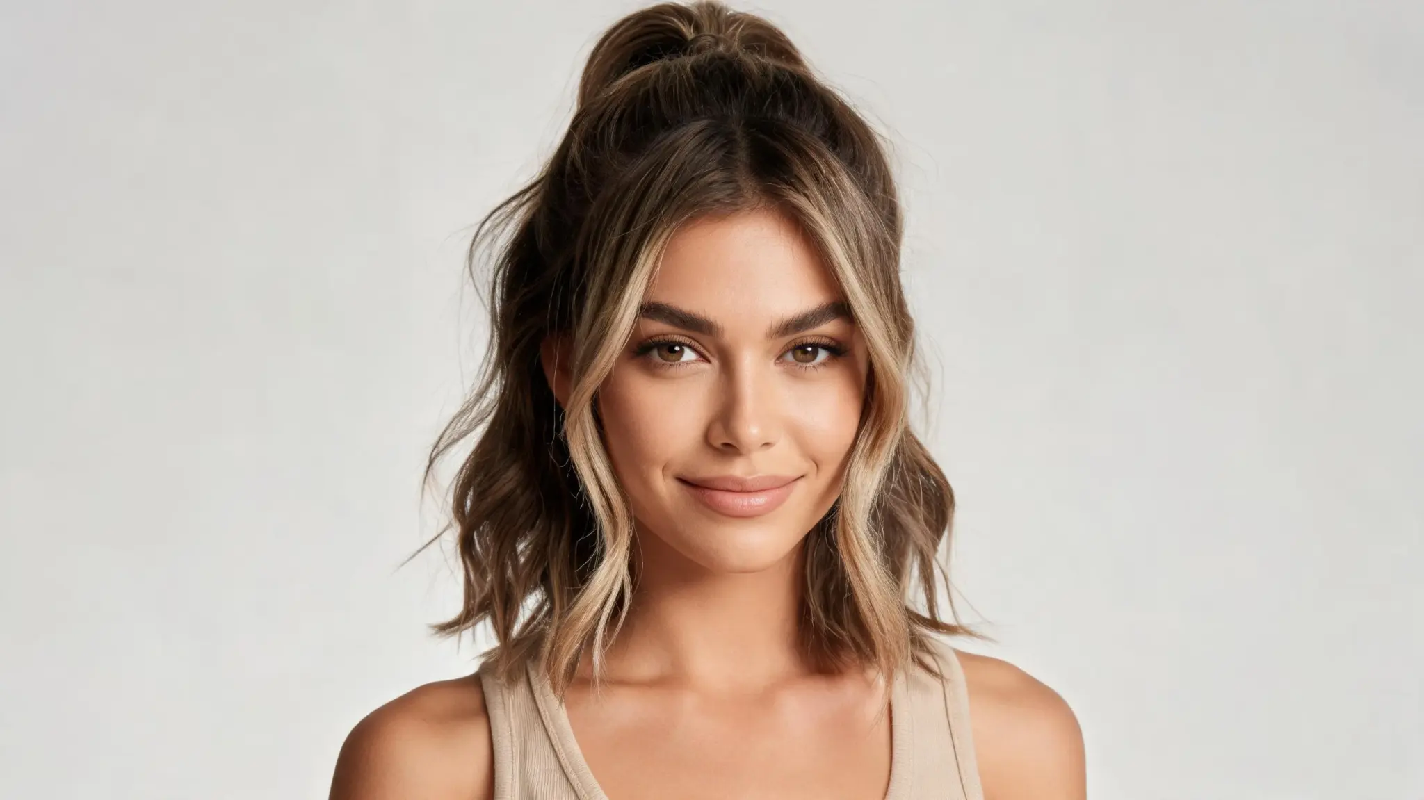 american model with half up ponytail and face framing pieces on layered short hair