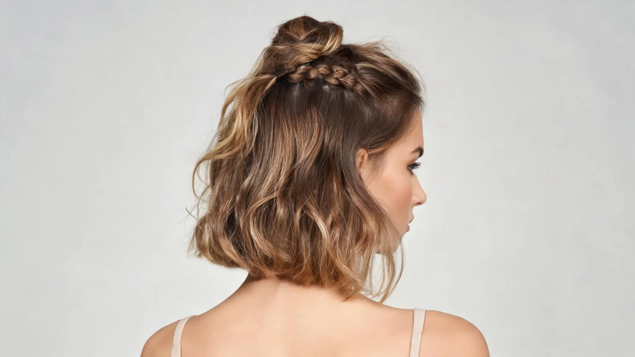 american model with half up topsy tail hairstyle on bob length hair with twists