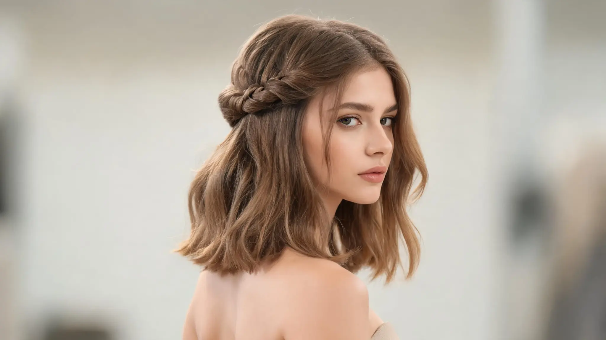 american model with half up twisted knot hairstyle on bob length hair