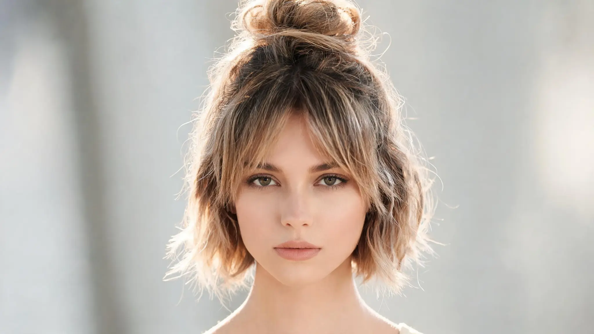 american model with messy half up bun on layered short hair with textured volume