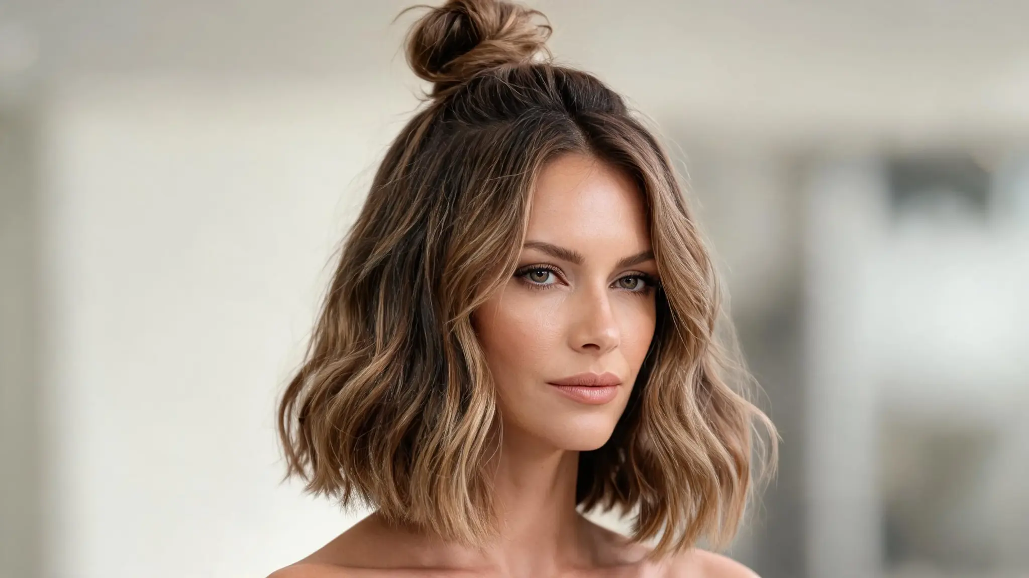 american model with mini half up bun hairstyle on short lob hair with natural waves