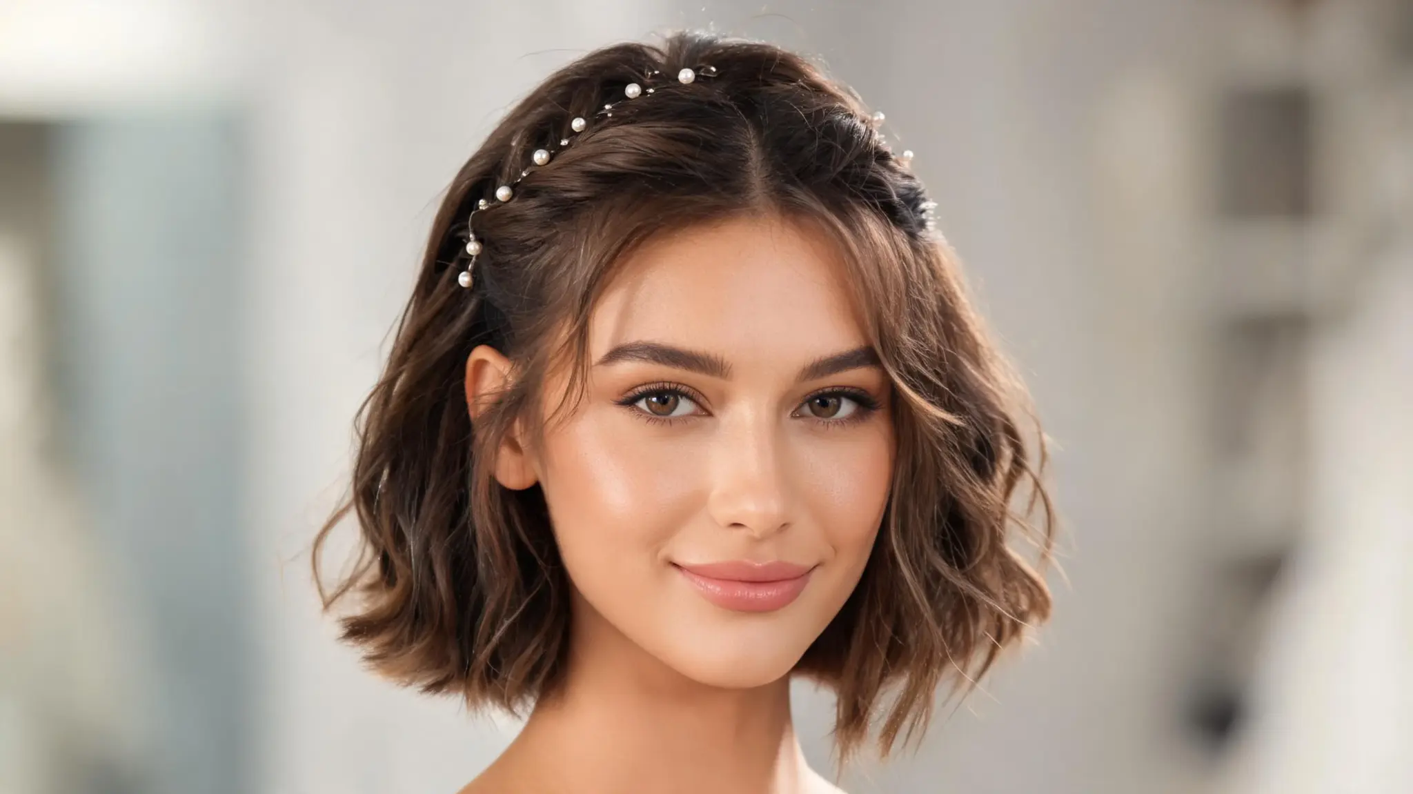 american model with pearl pin half up hairstyle on short bob hair for formal style