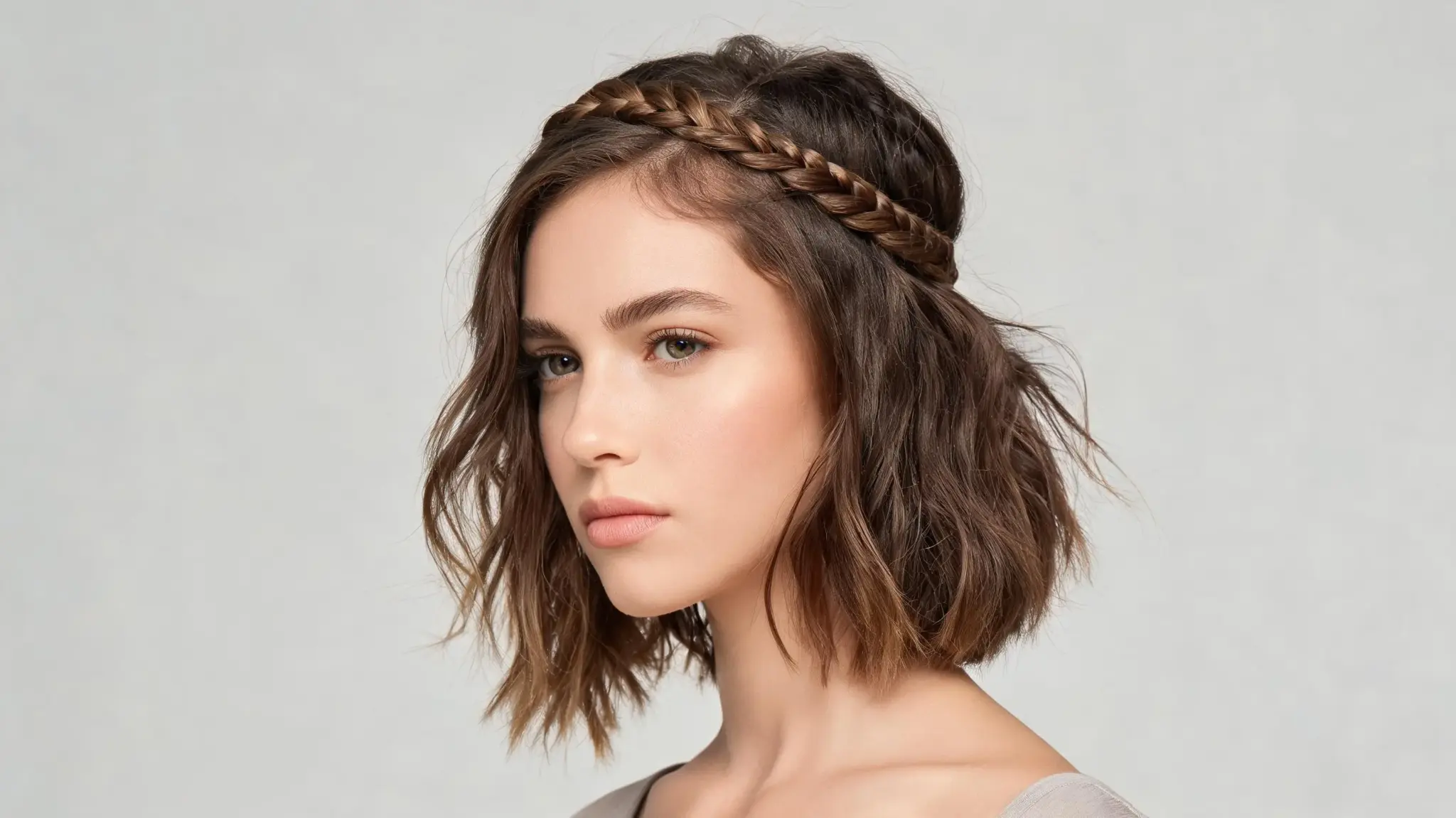 american model with rope twist half up hairstyle on short layered hair texture